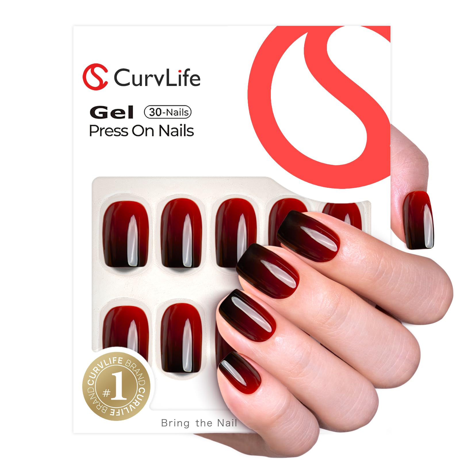 Curvlife red ombre oval press on nails front view