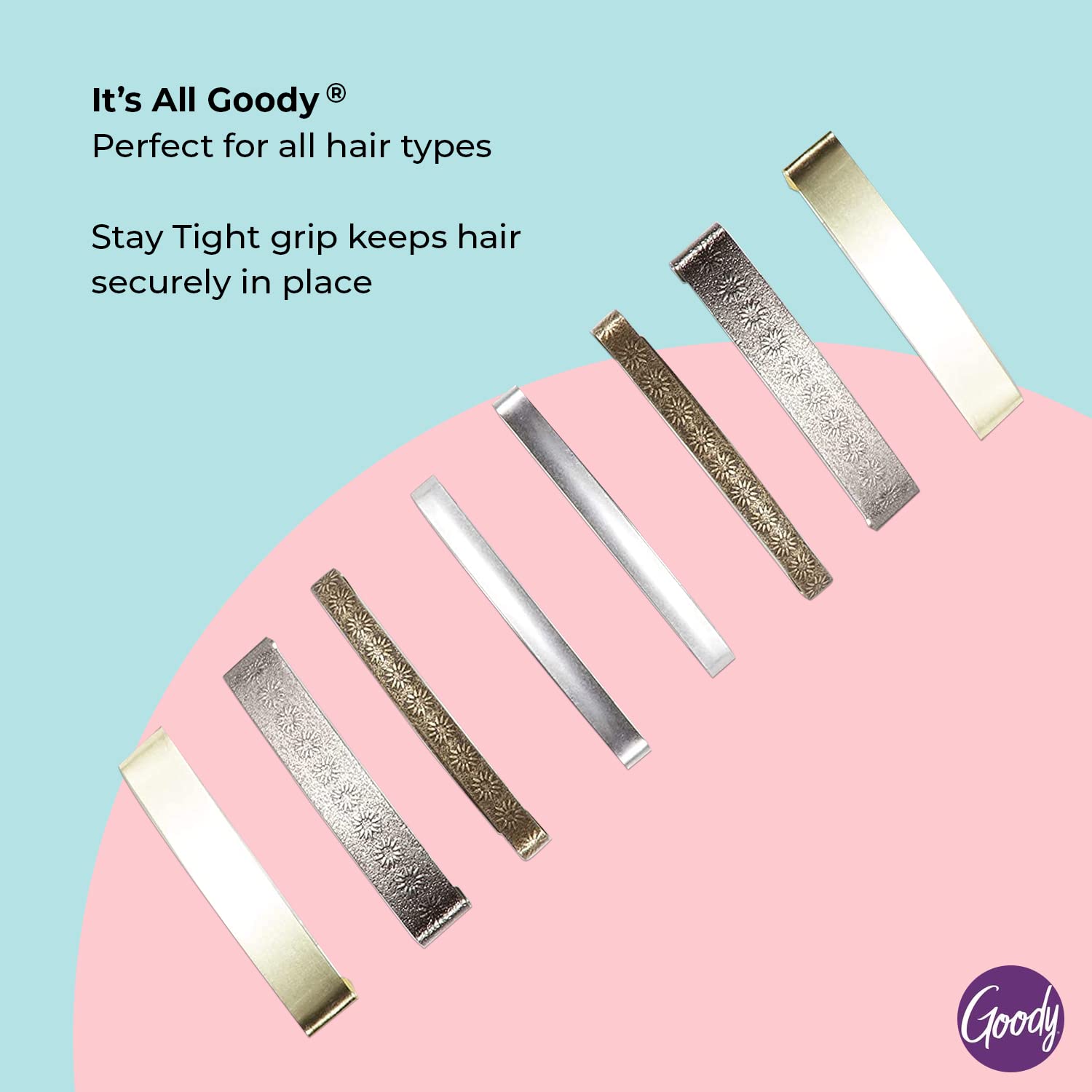 The complete set of eight Goody classics assorted metallic hair accessories displayed flat.