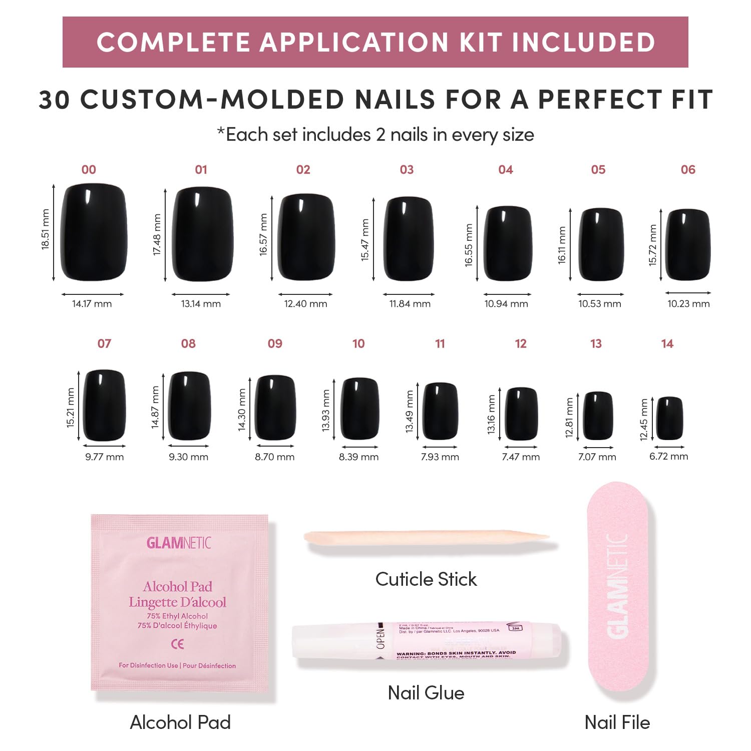 Glamnetic nail kit packaging showing 30 count and 15 sizes