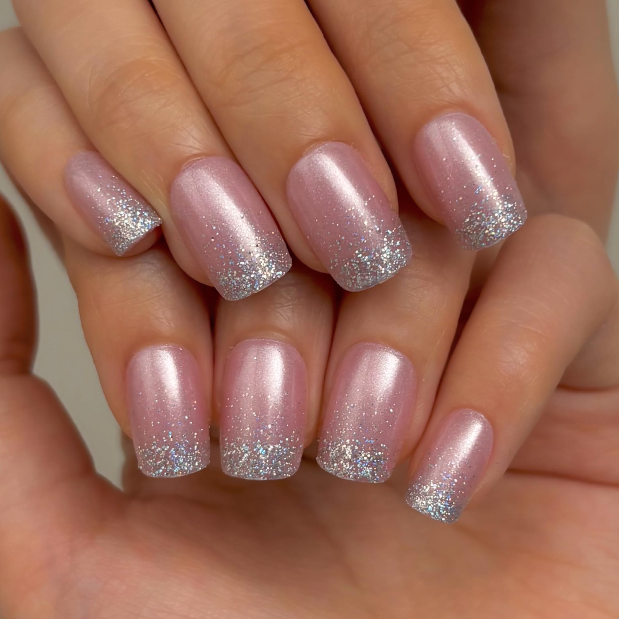 CurvLife glossy acrylic fake nails in pink and silver glitter