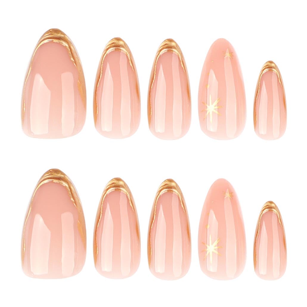 Model wearing Tarini Foccna almond press on nails with gold starburst motifs