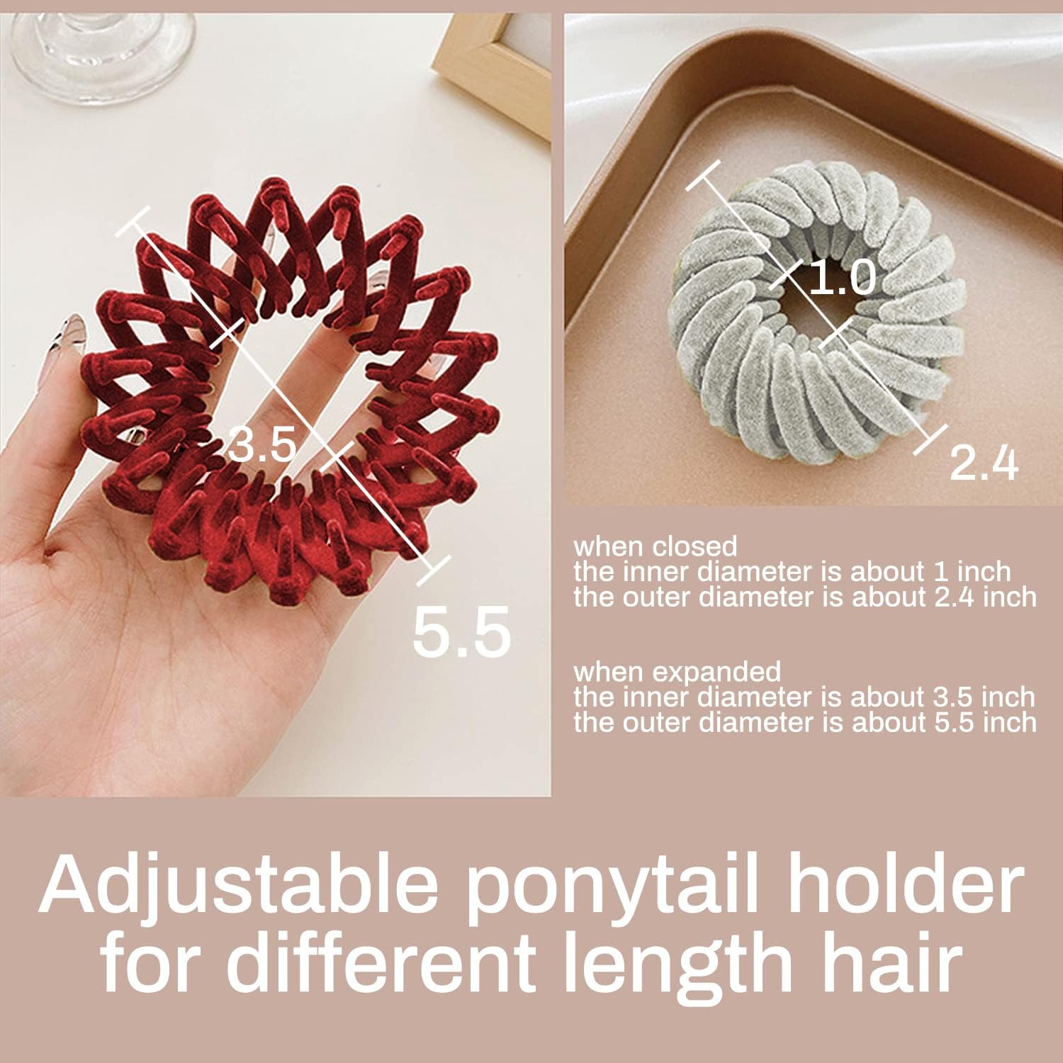 Three pieces of expandable ponytail holder clips in a vintage geometric bird nest pattern