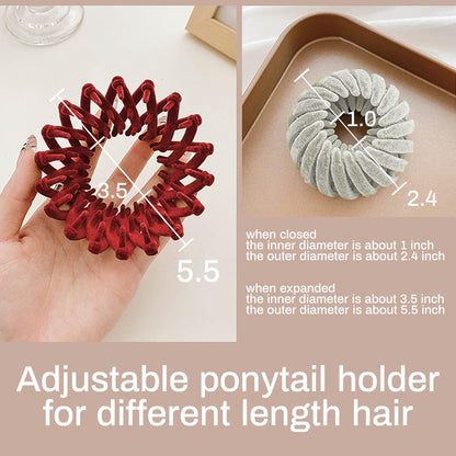 Three pieces of expandable ponytail holder clips in a vintage geometric bird nest pattern