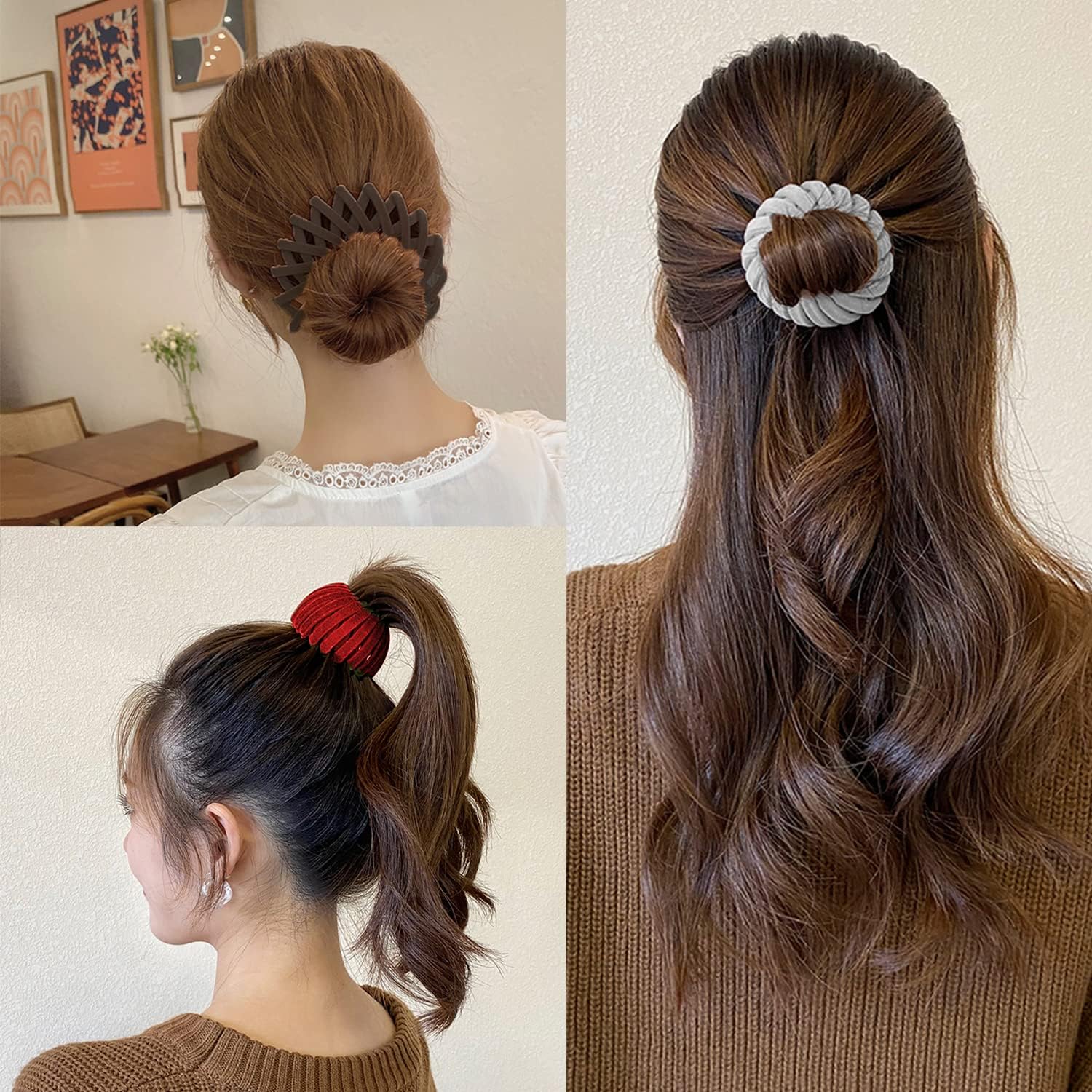 Velvet lined retractable hair bun maker expanded fully to demonstrate adjustable size