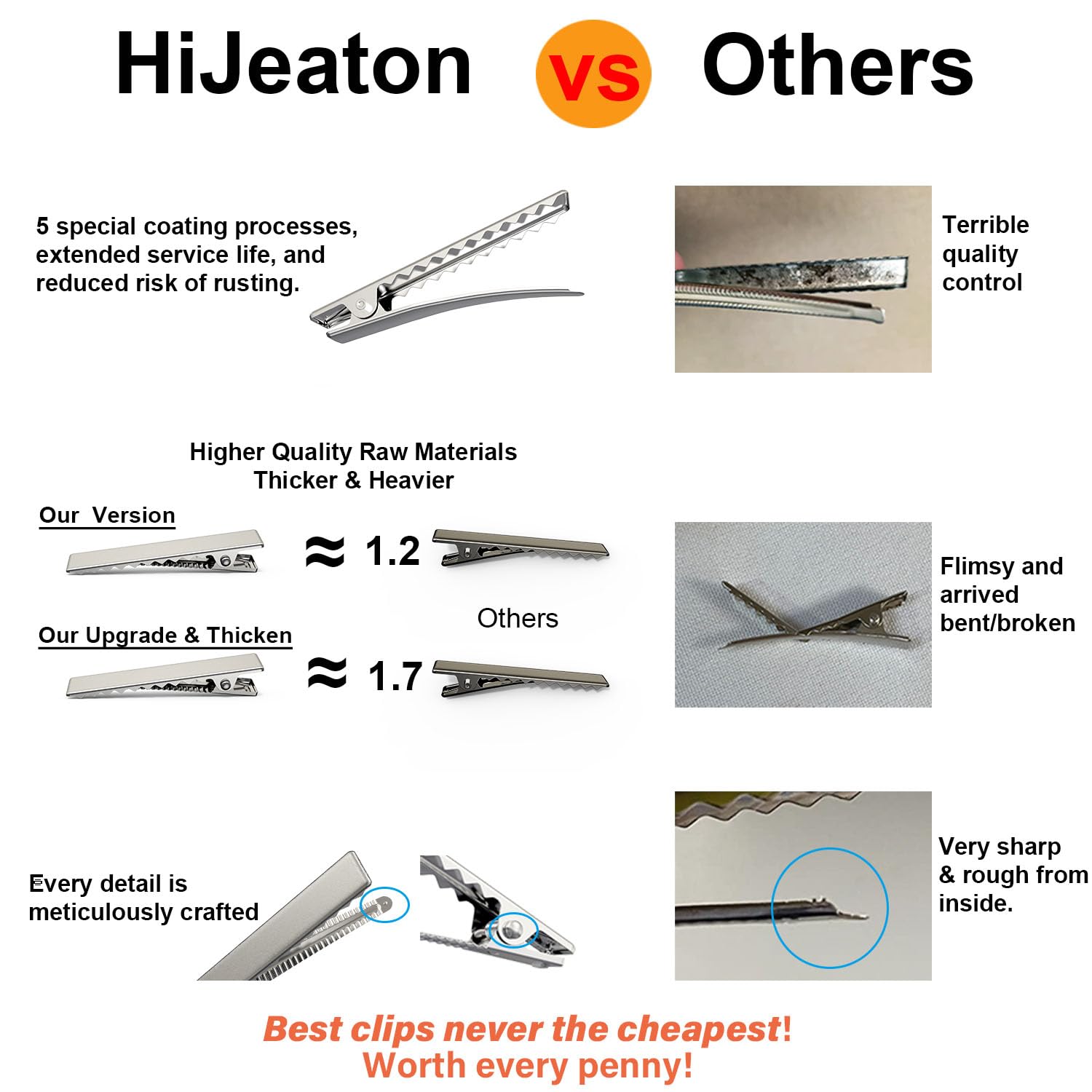 Silver tone single prong crocodile hair pins close up showing serrated teeth