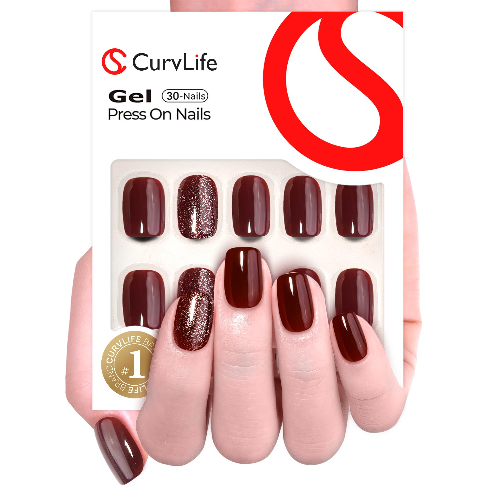 Curvlife wine red glitter and nude apricot press on nails packaging