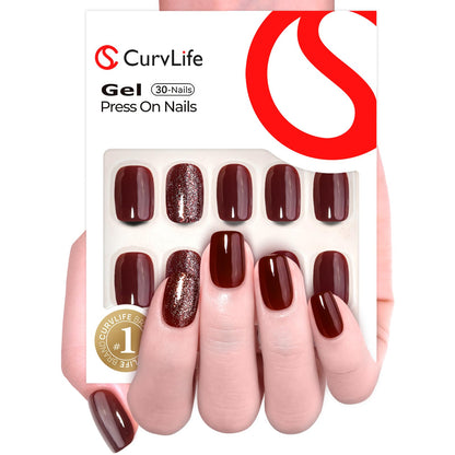 Curvlife wine red glitter and nude apricot press on nails packaging
