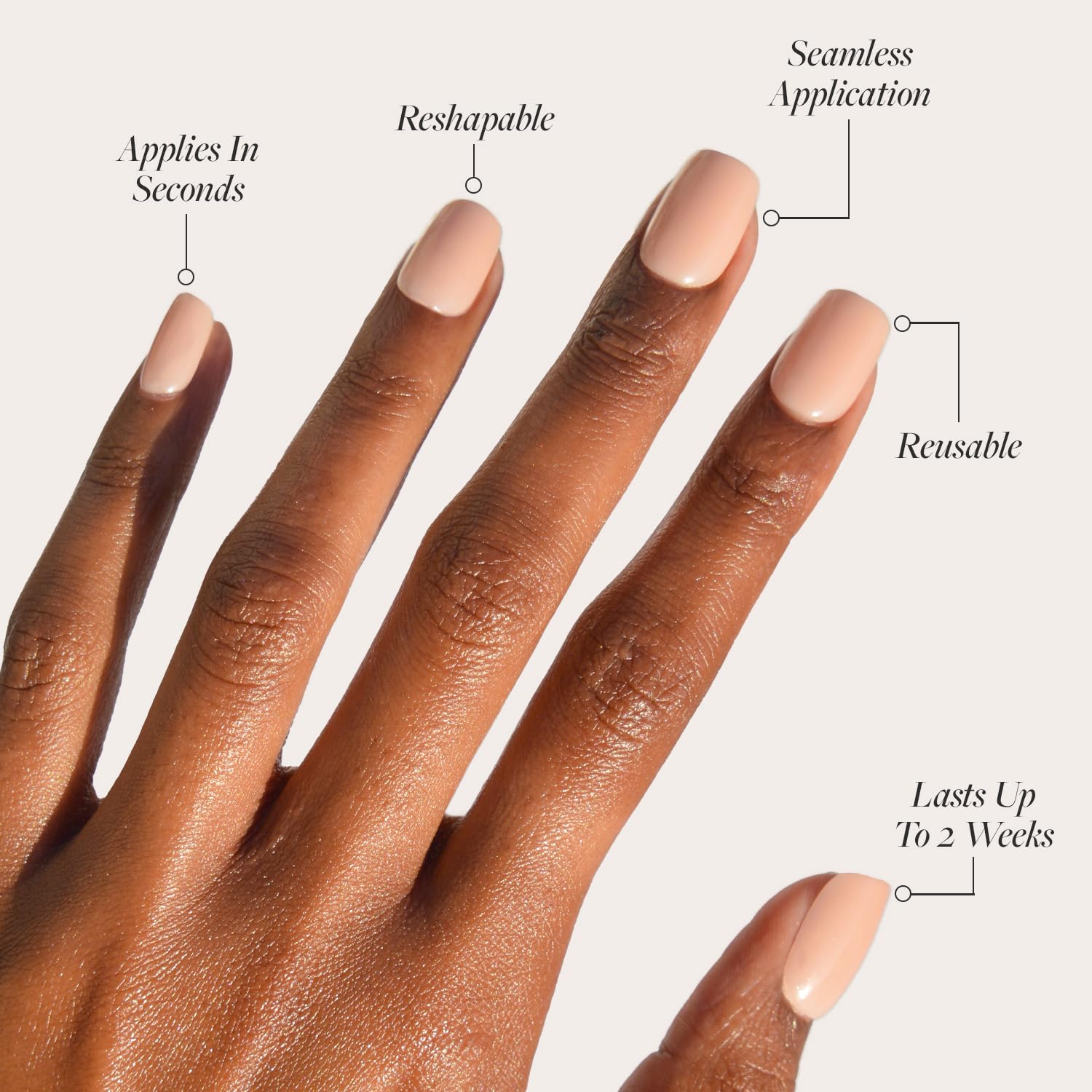 Close up of nude semi-transparent squoval press-on nails
