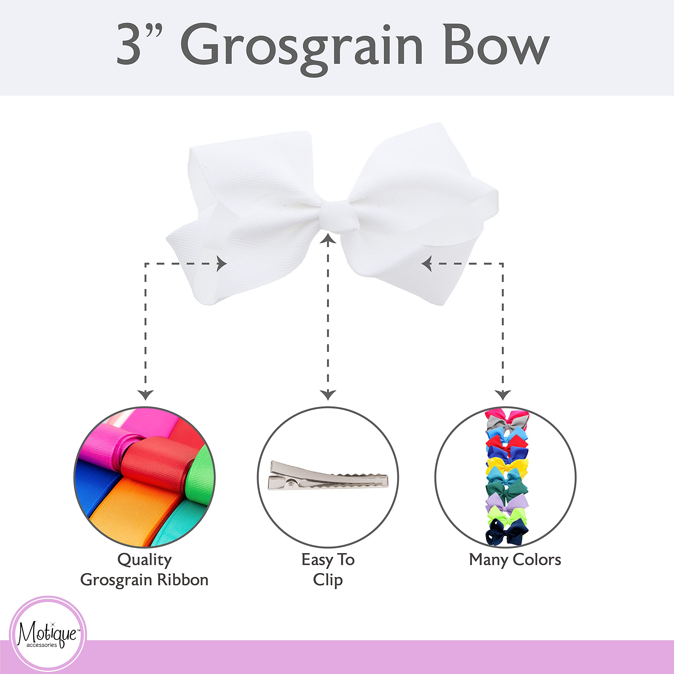 Set of two classic white 3 inch handmade ribbon bows for girls by Motique Accessories