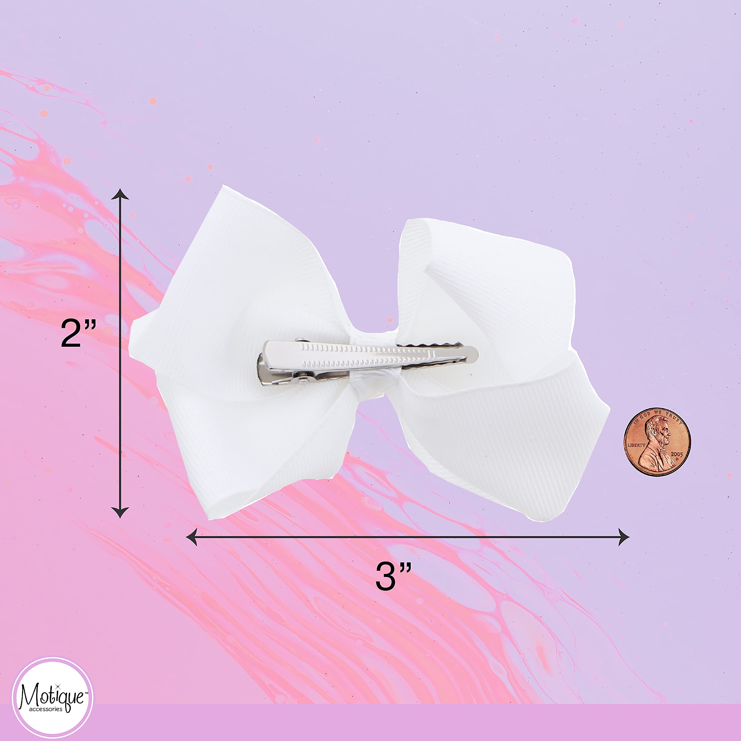Motique Accessories imported white hair bows for kids displaying the knotted center and premium ribbon texture