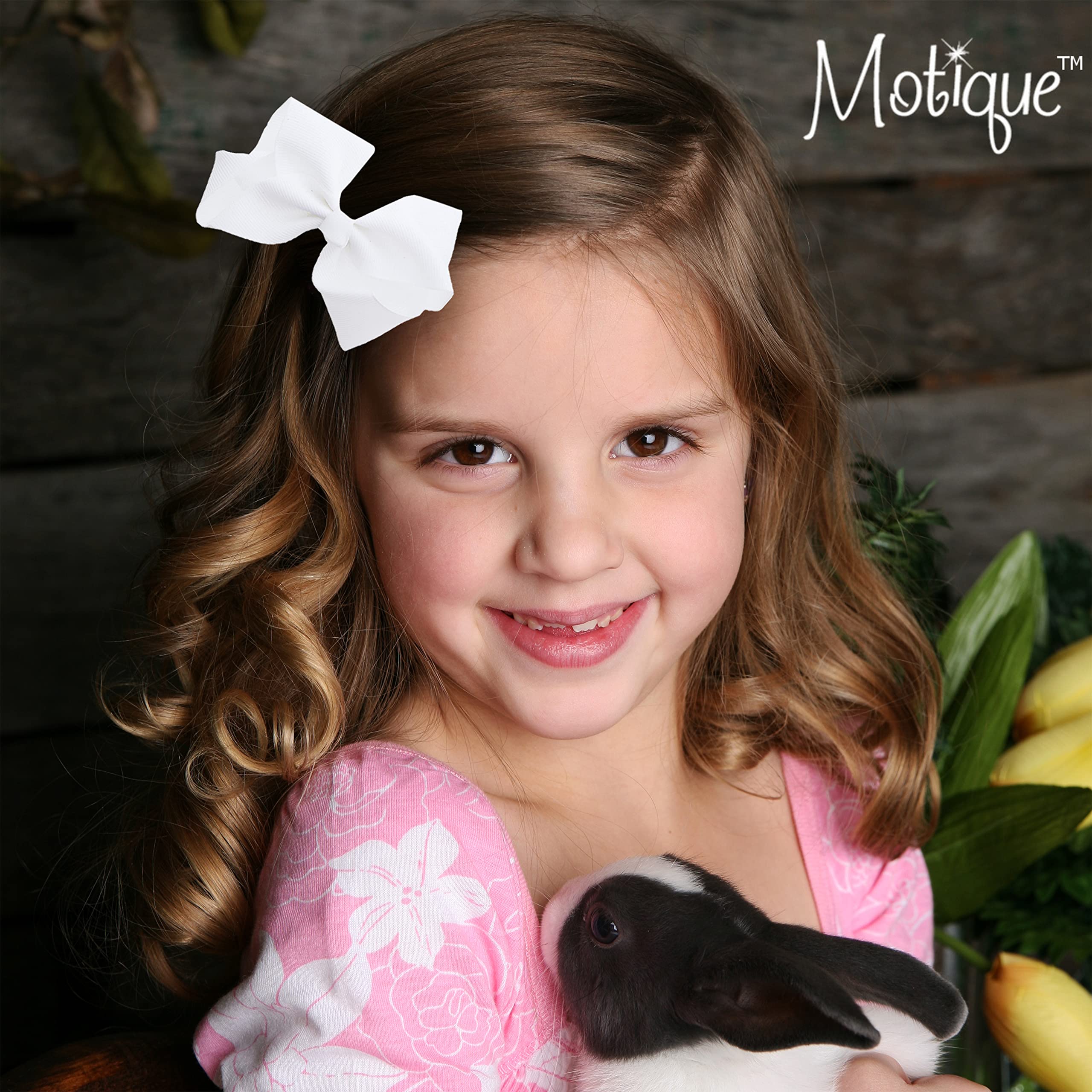 Two pieces of Motique Accessories white ribbon alligator clips for toddler and school girl hairstyles