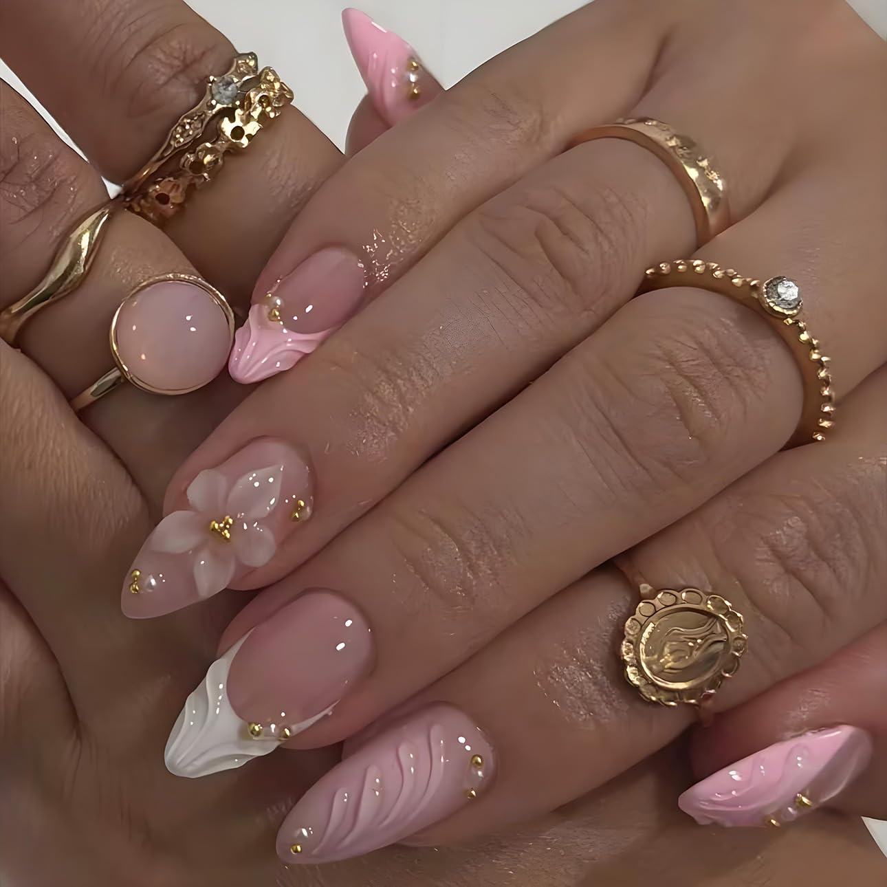 Lpooddnu medium almond false nails with 3D flower and gold detail