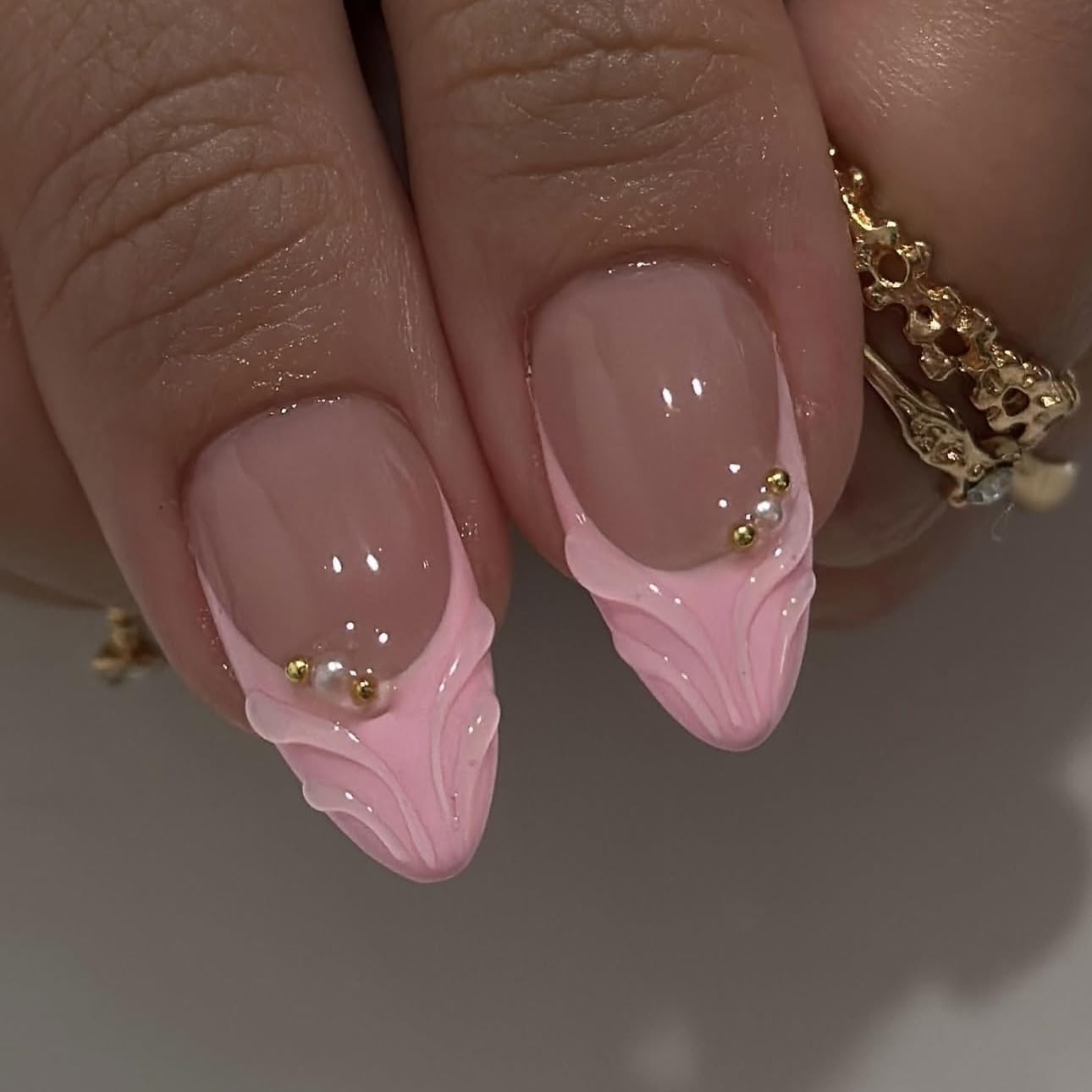 24 piece set of pink floral French tip press on nails