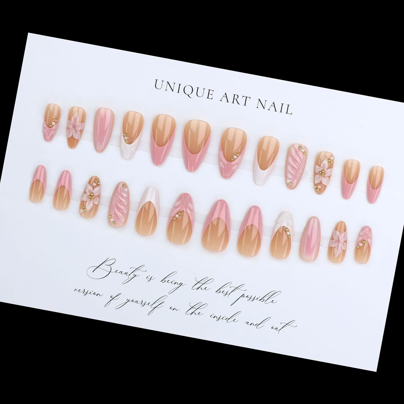 Almond shaped press on nails with gold bead accents