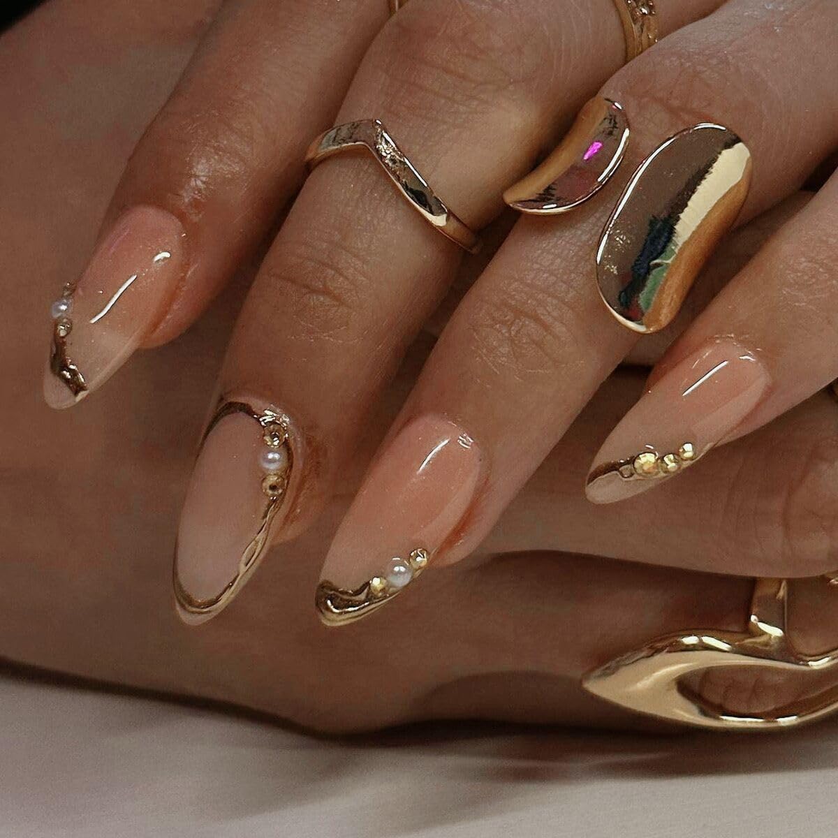Ctthnbd French Tip Press On Nails with Gold Line Pearl Detail