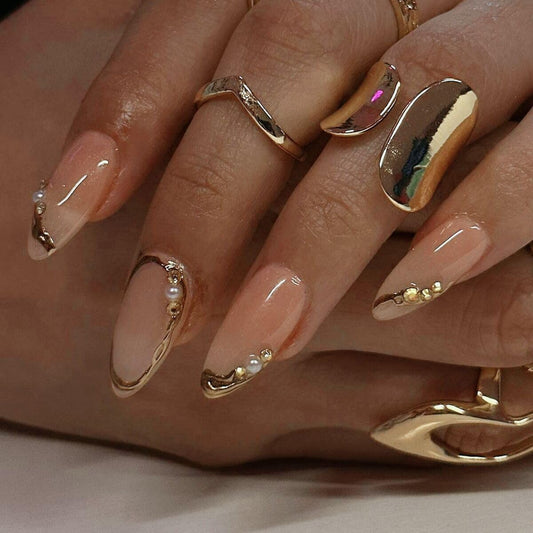 Ctthnbd French Tip Press On Nails with Gold Line Pearl Detail