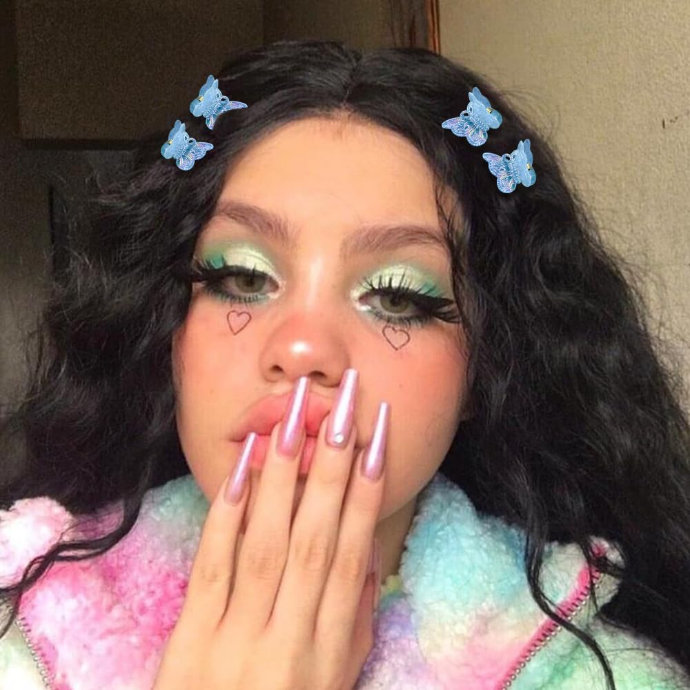 Demonstration of 90s style hair look with blue butterfly clips