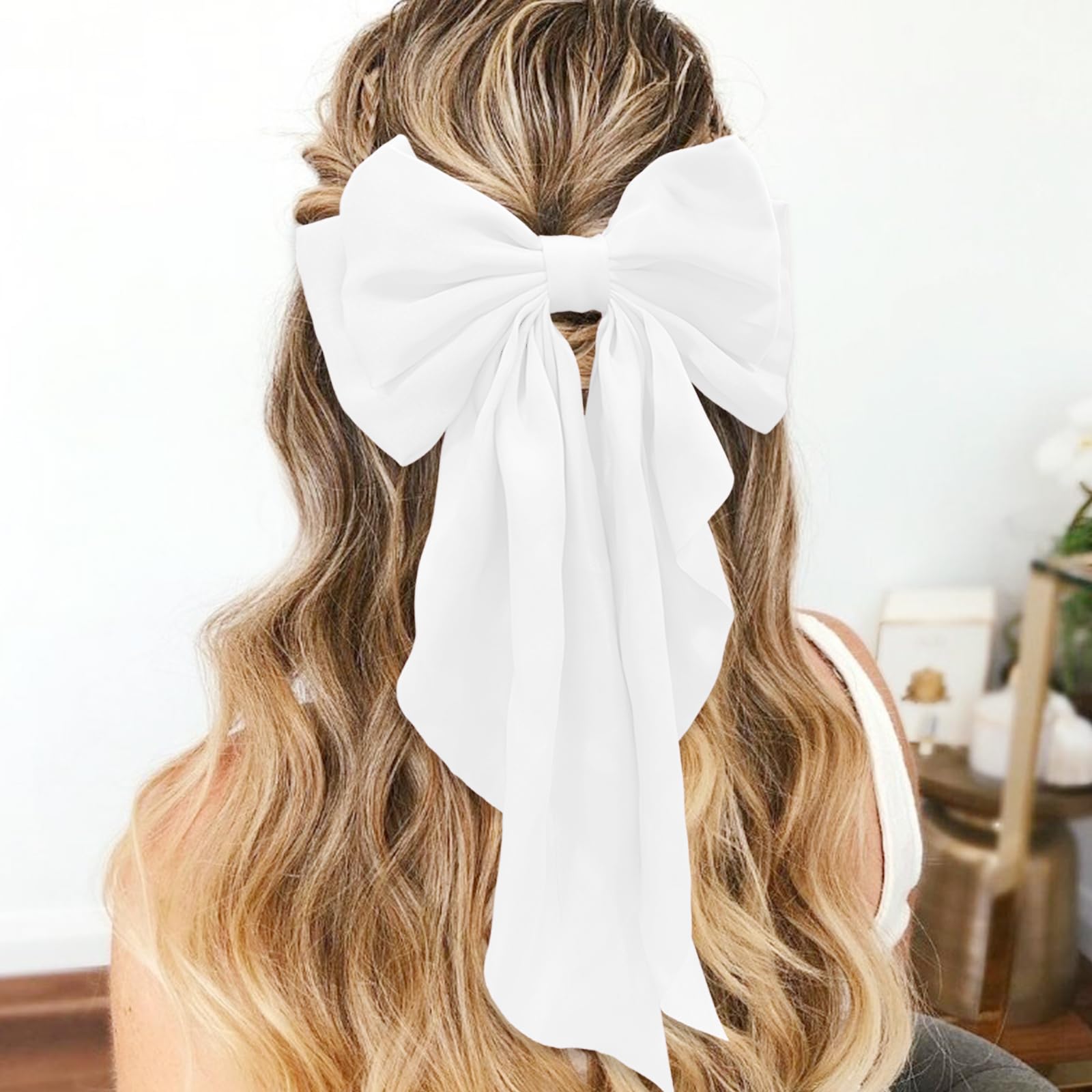ILLPTA pure white silky satin ribbon barrette showing sturdy metal clip backing