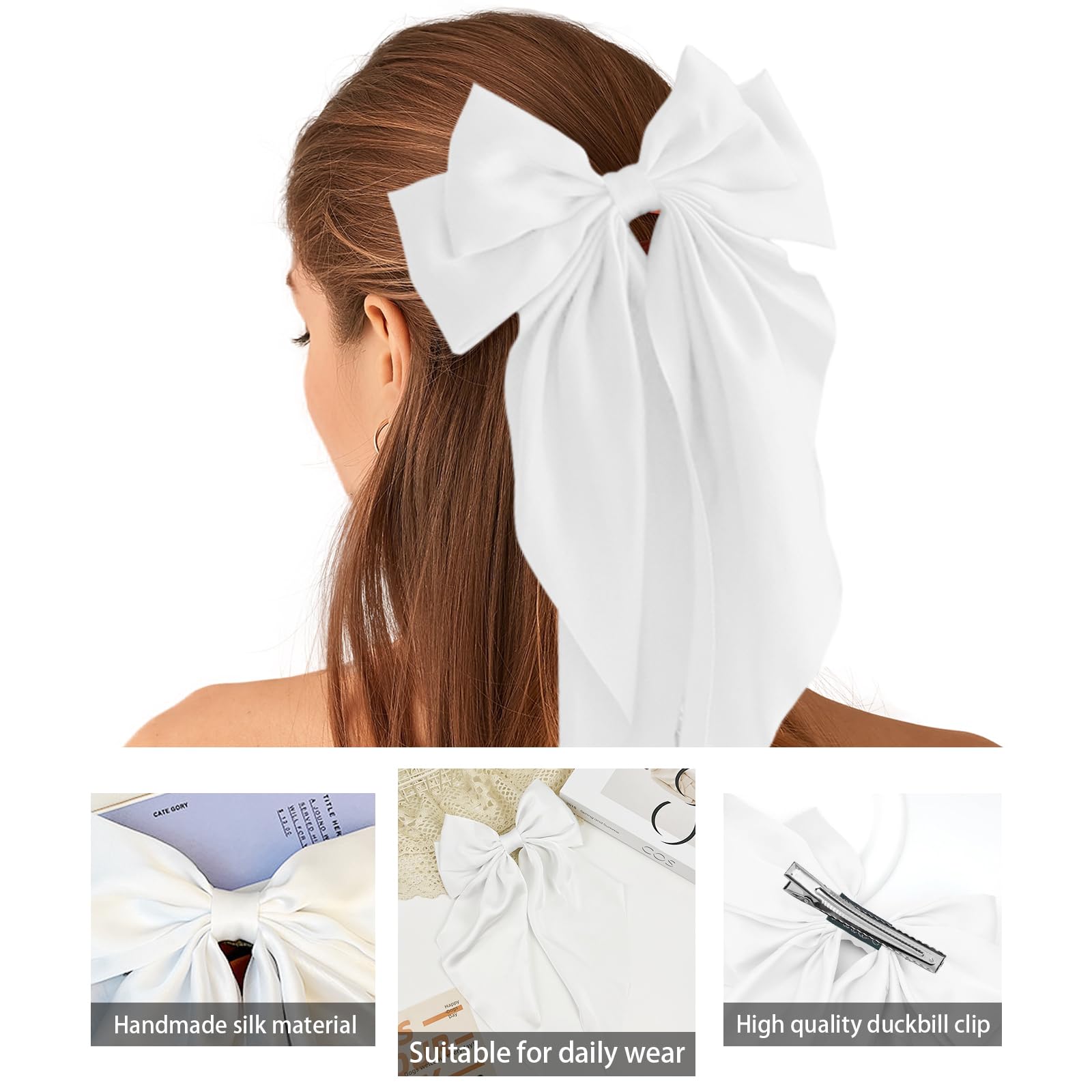Model showcasing ILLPTA large white bow hair clip in a half up hairstyle