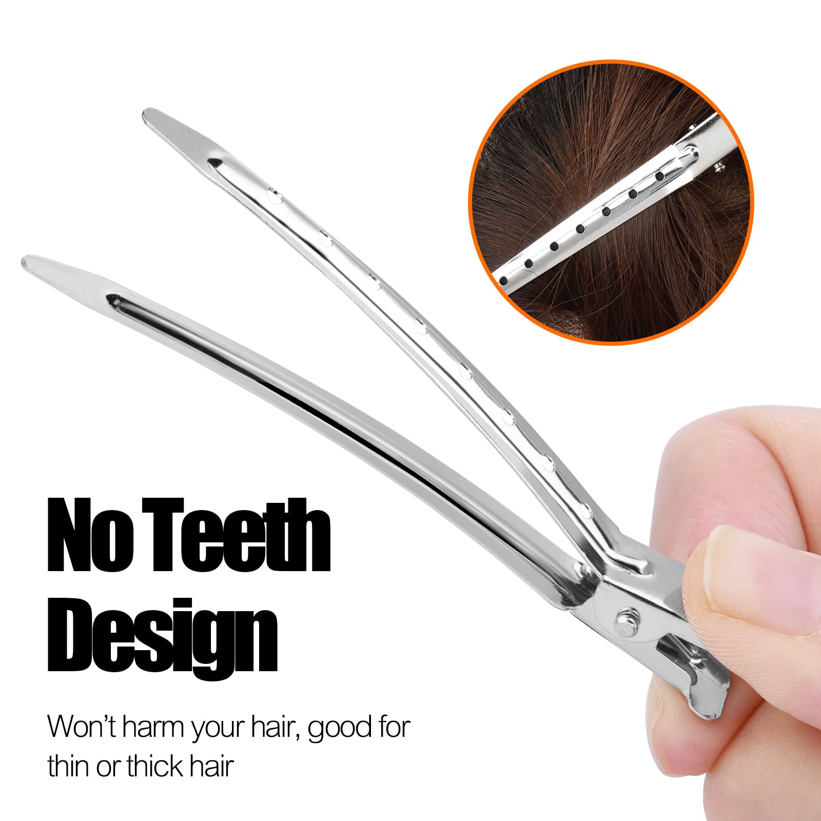 Premium nickel plated metal alligator clips holding thick hair in place