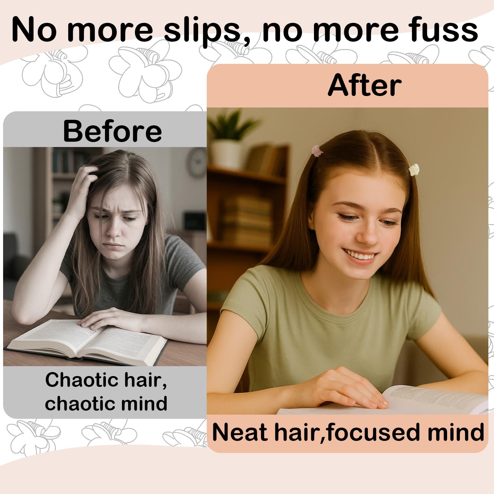 Fifty pieces of tiny matte hair claws arranged by color variation including black brown and cream