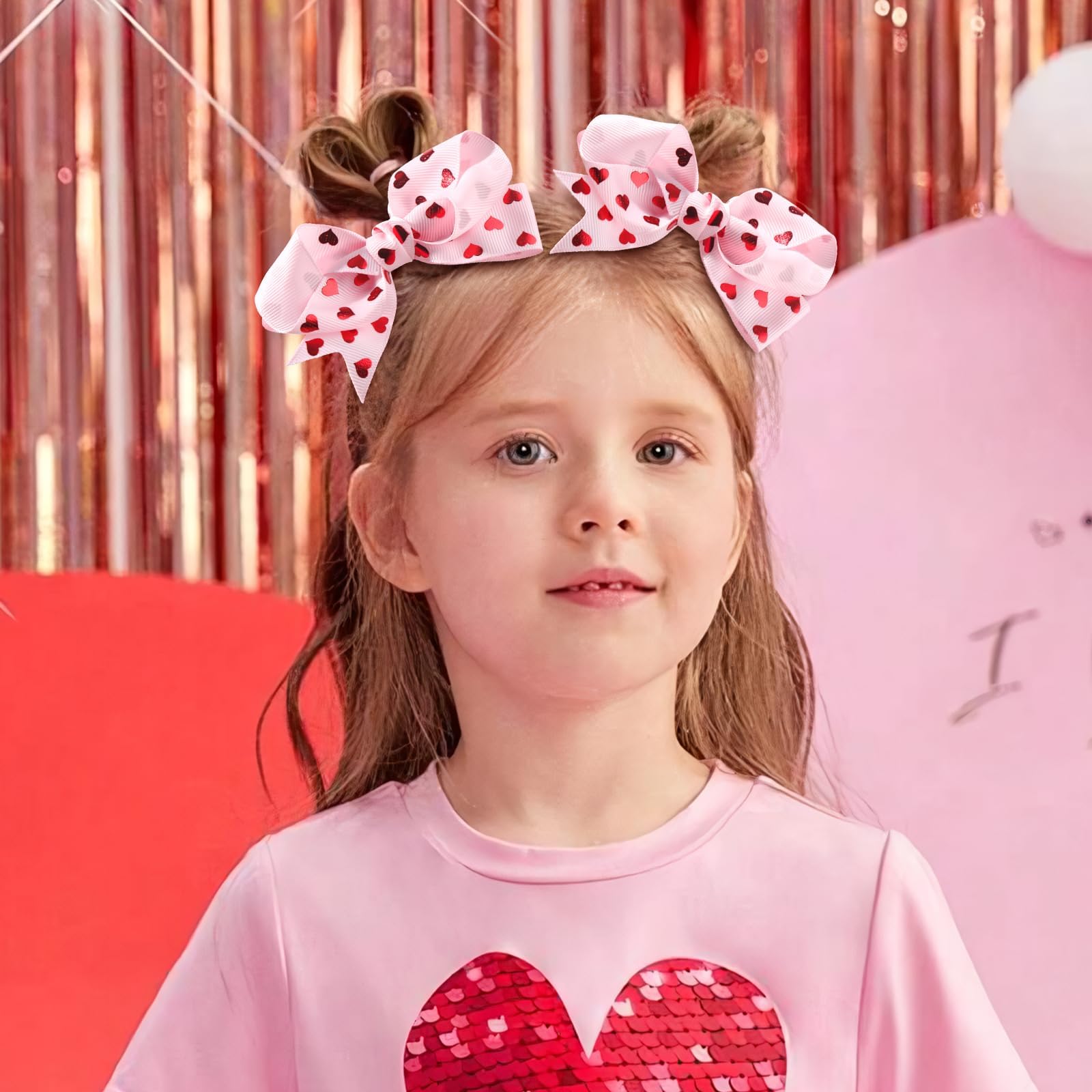 Pink and red heart patterned grosgrain ribbon hair bows