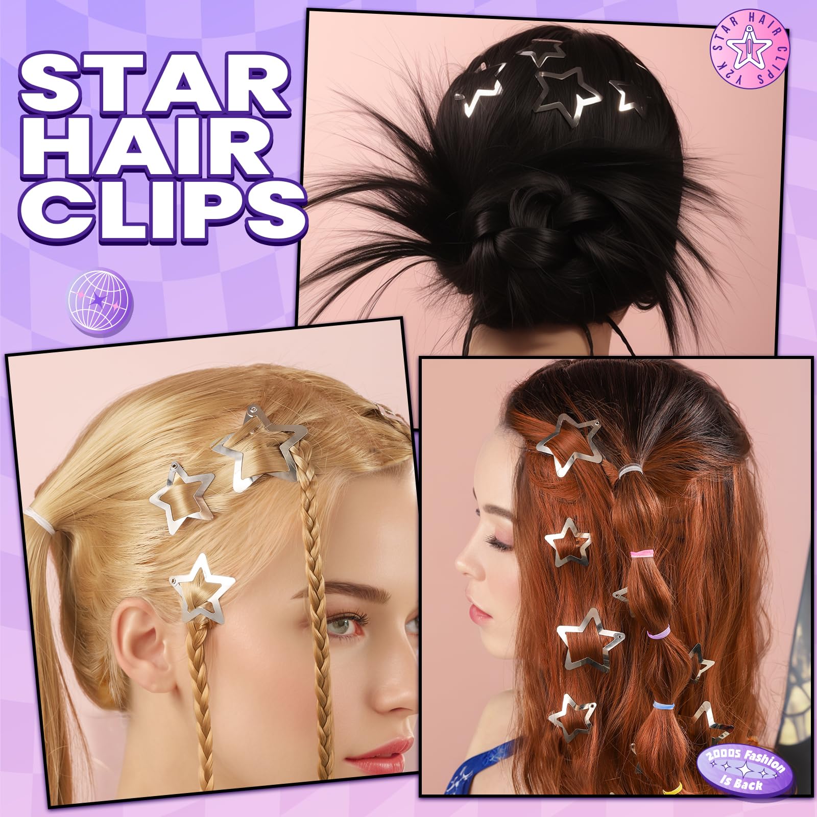 Model showcasing a trendy Y2K hairstyle using multiple YGDZ silver star clips for a rave look.