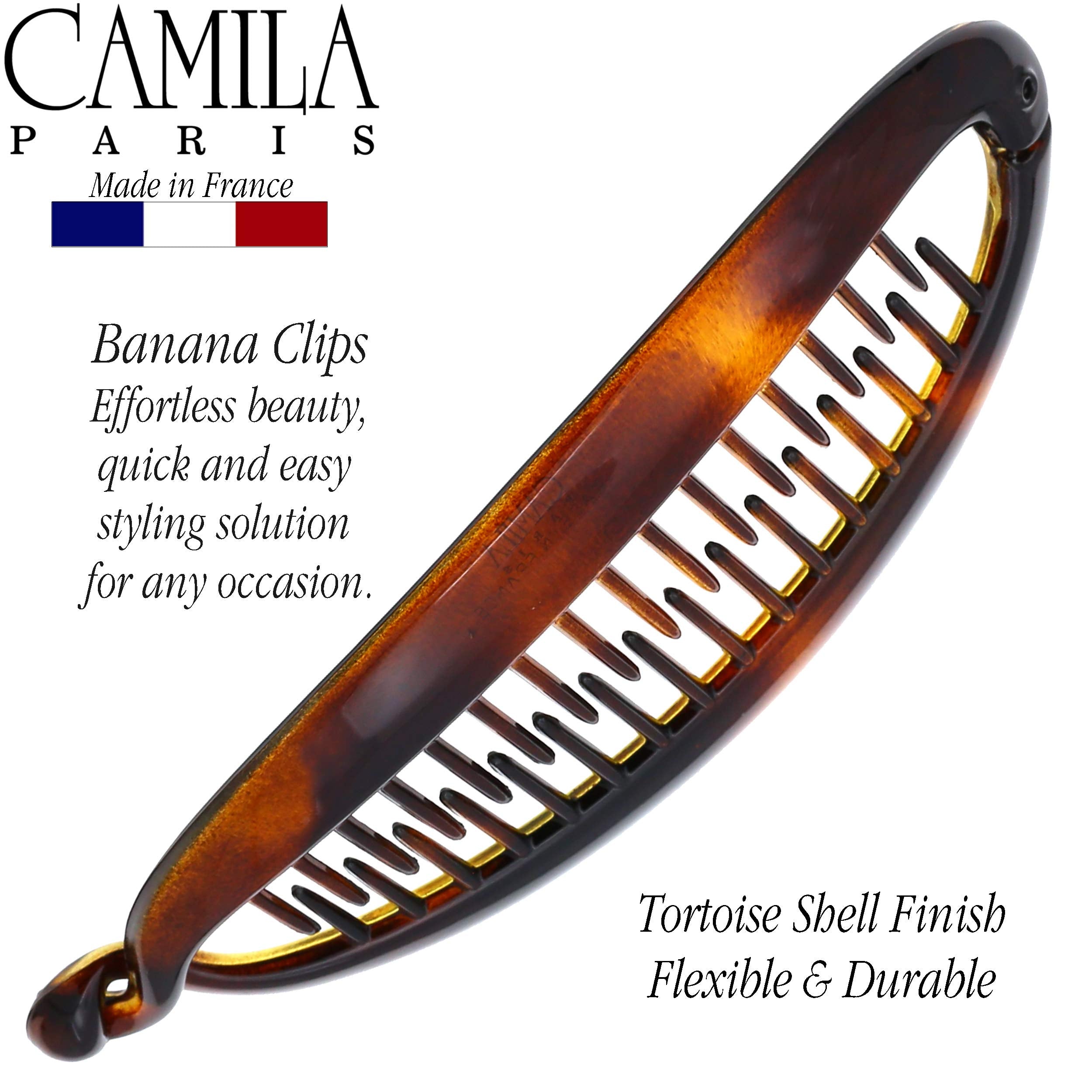 Premium cellulose acetate banana clip by Camila Paris close up on durable hinge