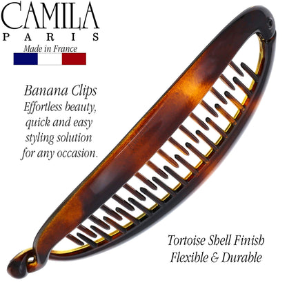 Premium cellulose acetate banana clip by Camila Paris close up on durable hinge