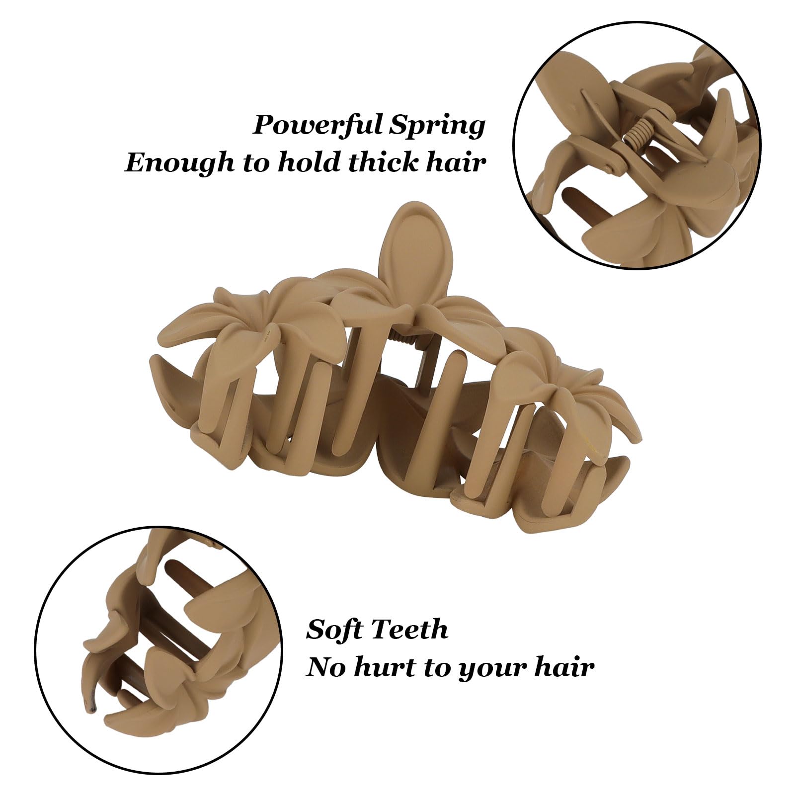 ANBALA matte flower claw clips close up detailing the strong non slip interlocking teeth.