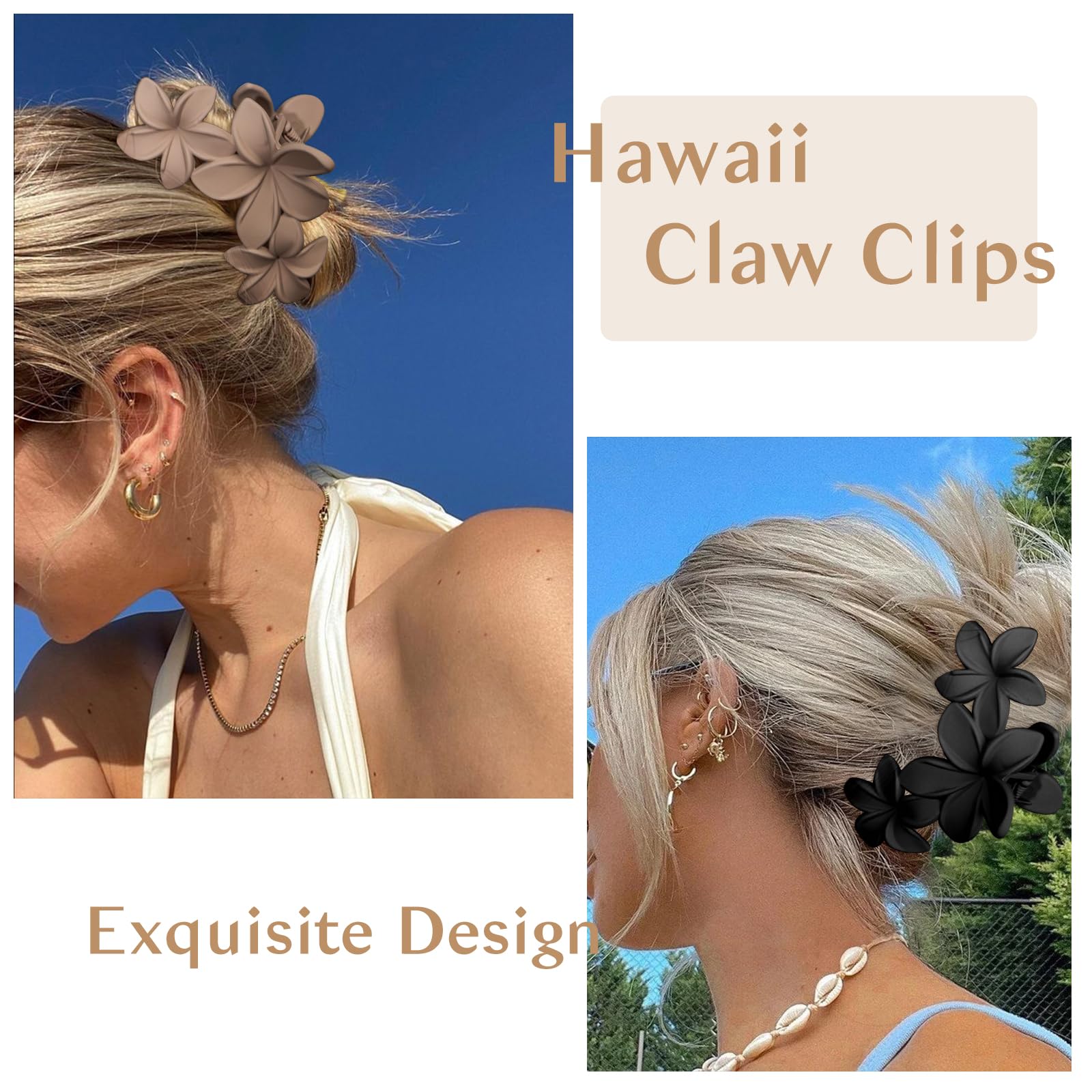 Large plumeria hair clutch being styled on thick brown hair in a half updo.