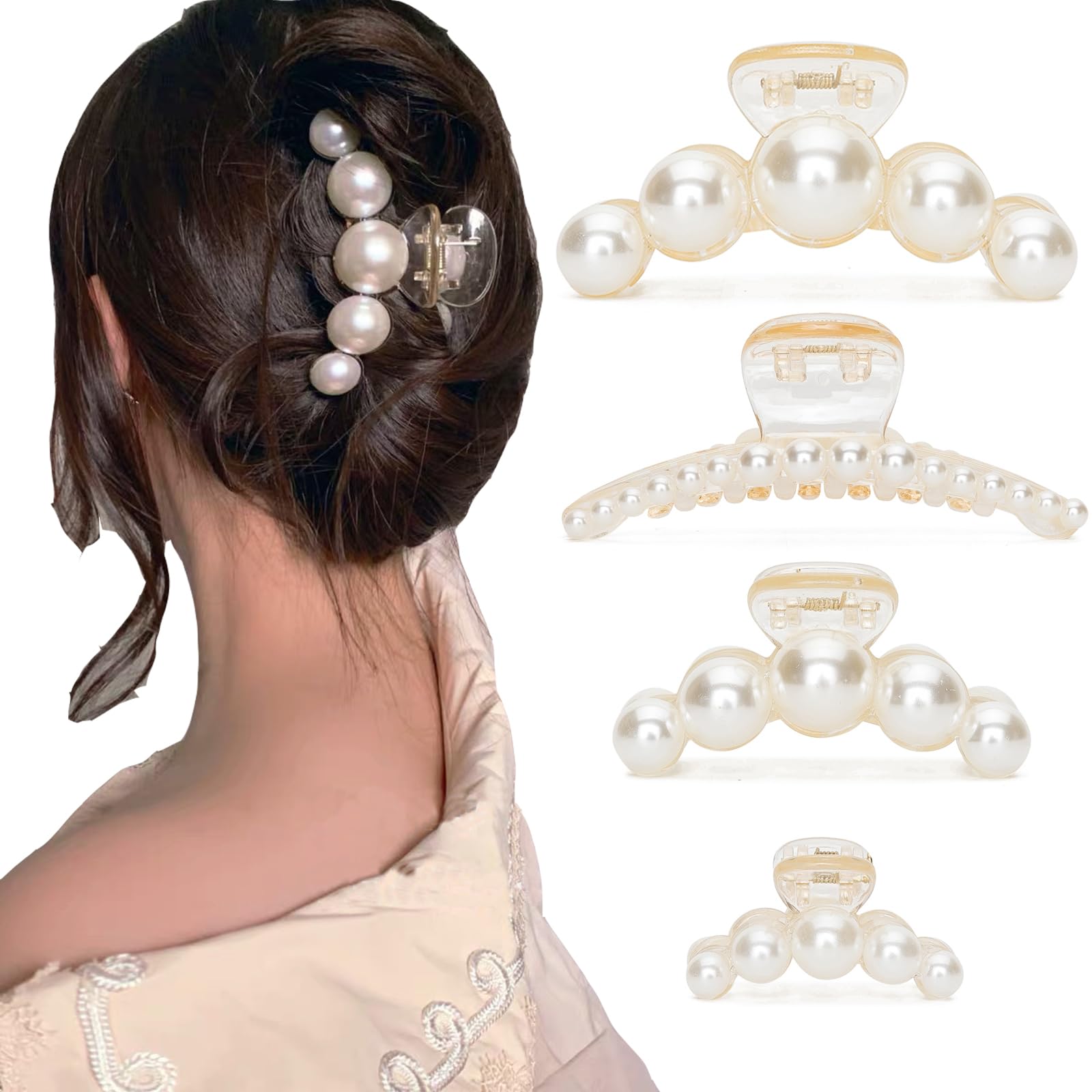 Four pieces of non slip Korean style pearl hair clutches in different sizes displayed together.