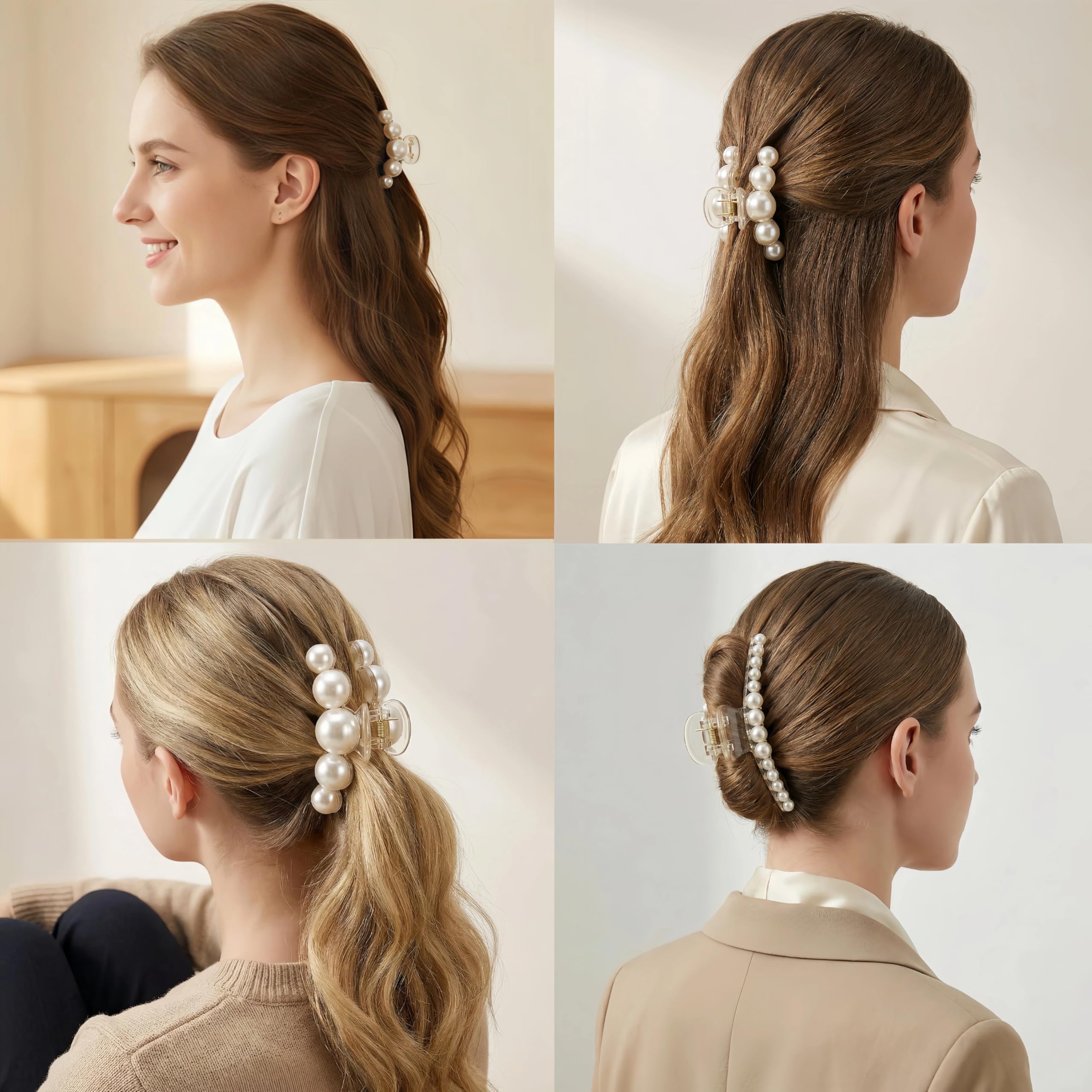 Model showcasing a half up hairstyle using the medium sized pearl hair clip.