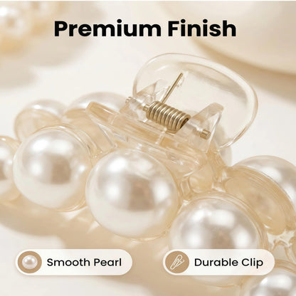 Rear view of an elegant twist bun hairstyle secured with the large jumbo pearl claw clip.