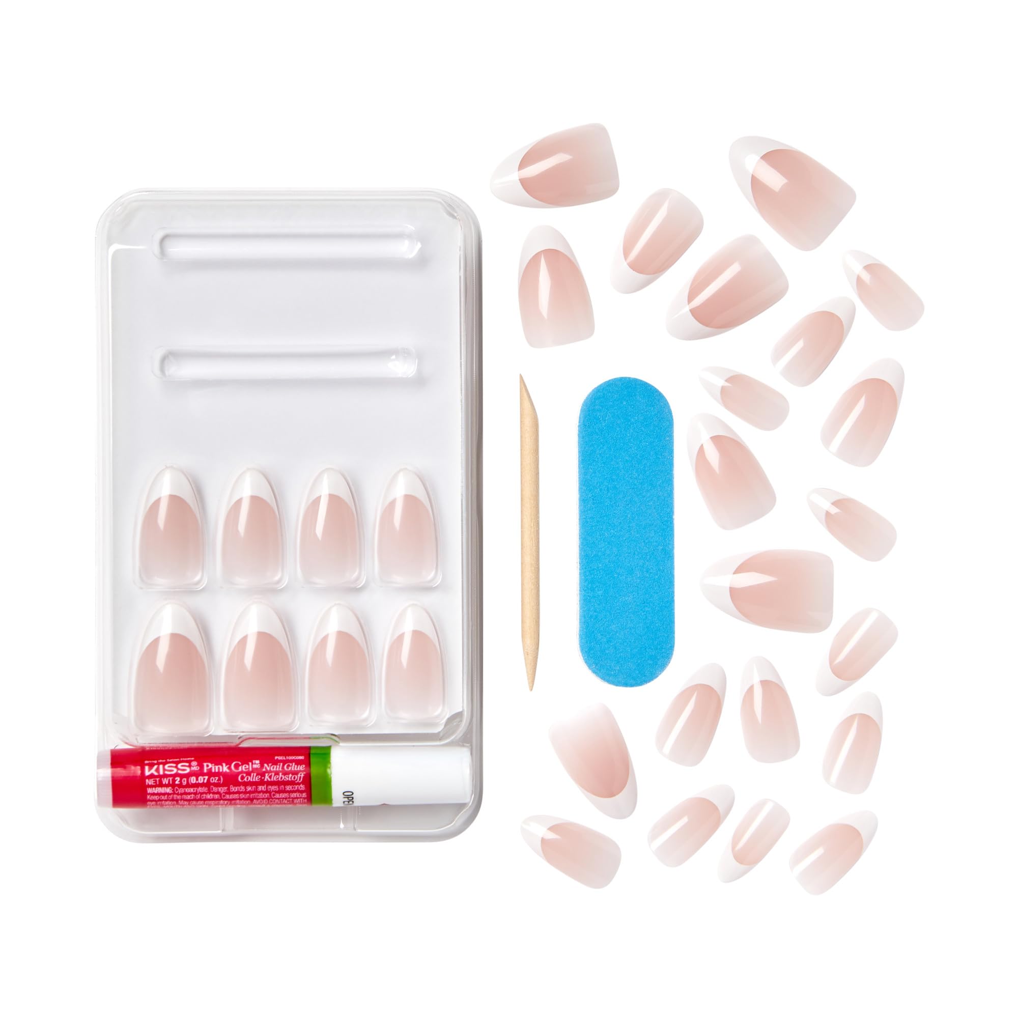 Kiss Classy nail kit components including glue and file