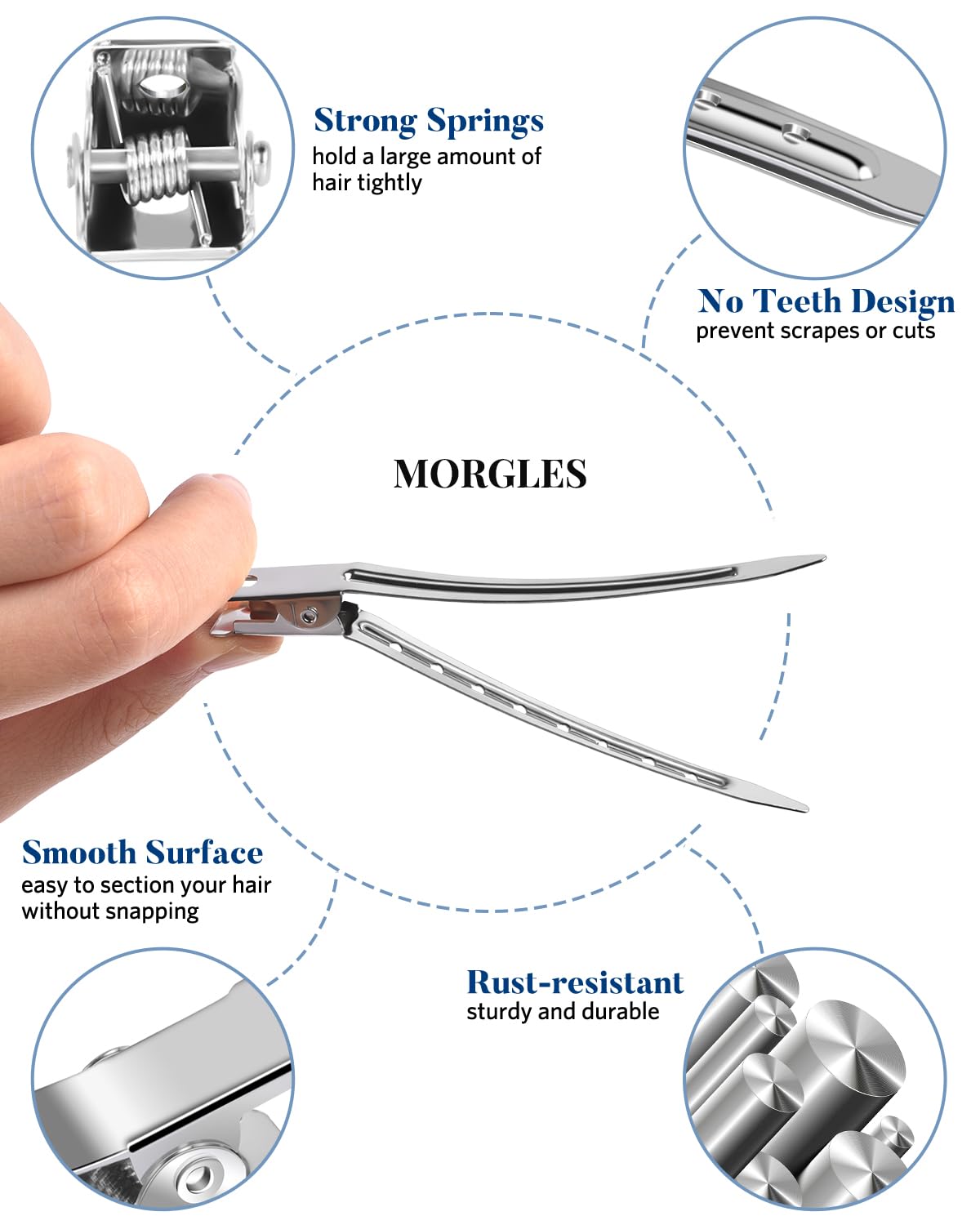 Smooth toothless alligator hair clips by MORGLES holding a section of hair crease free.