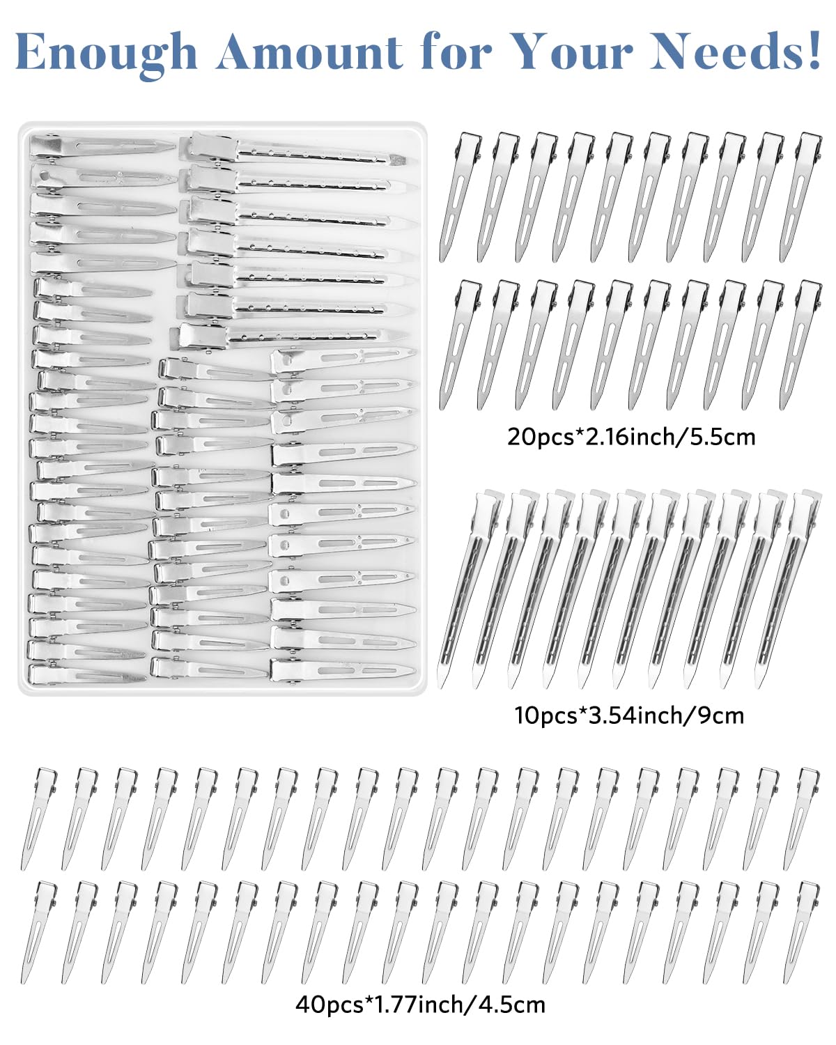 Large medium and small sizes of MORGLES stainless steel salon duckbill clips compared.