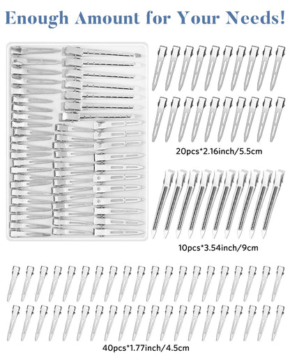 Large medium and small sizes of MORGLES stainless steel salon duckbill clips compared.