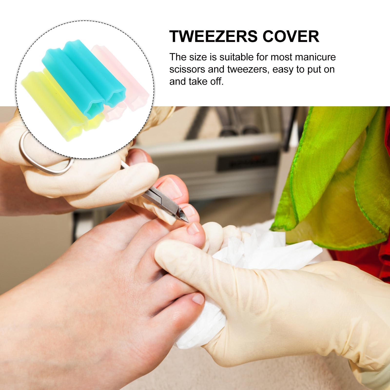 Close up of six pack silicone trimmer handle protection caps in assorted pink yellow and green colors.