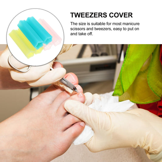 Close up of six pack silicone trimmer handle protection caps in assorted pink yellow and green colors.