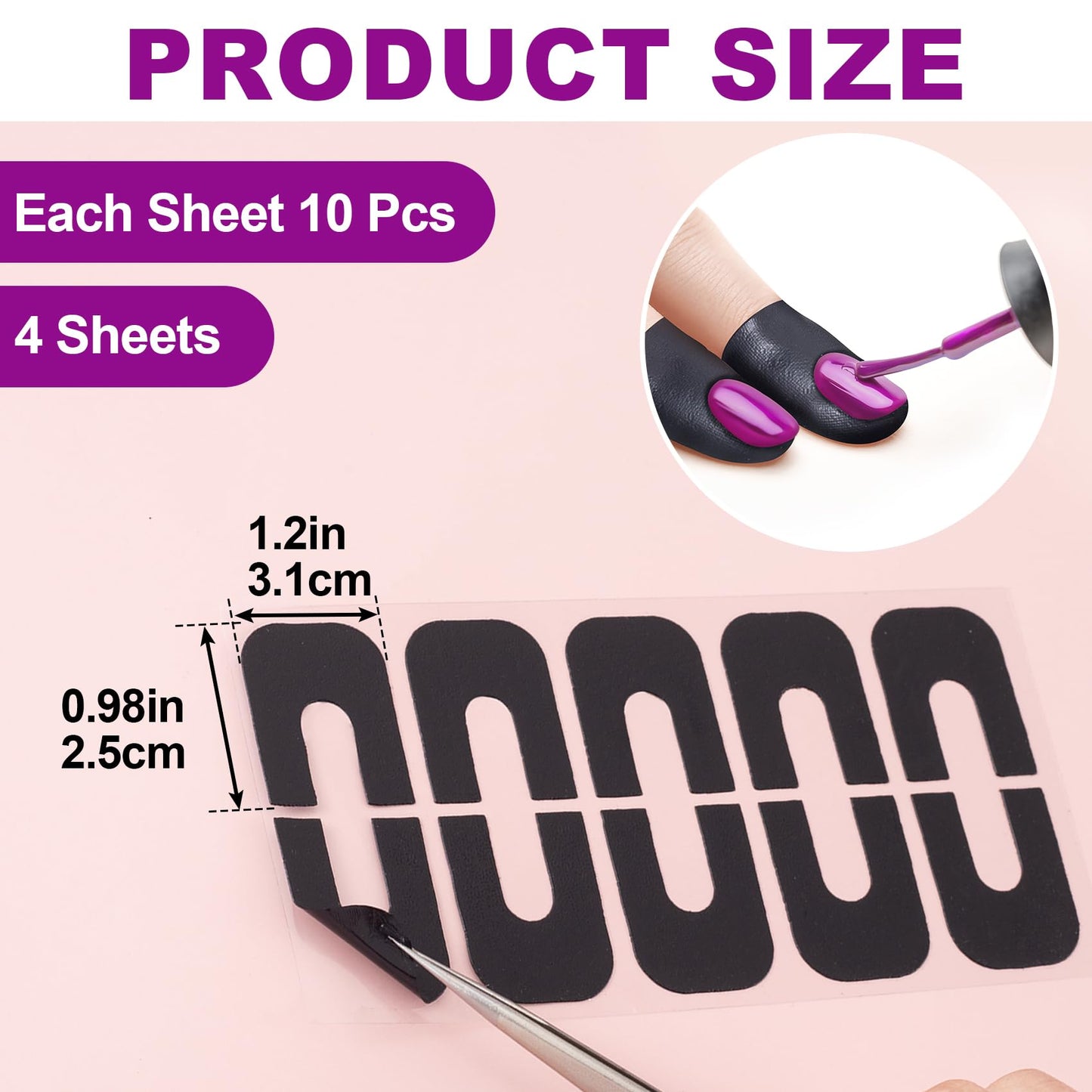 Black U-shaped self-adhesive cuticle protectors applied around the fingernails before painting.
