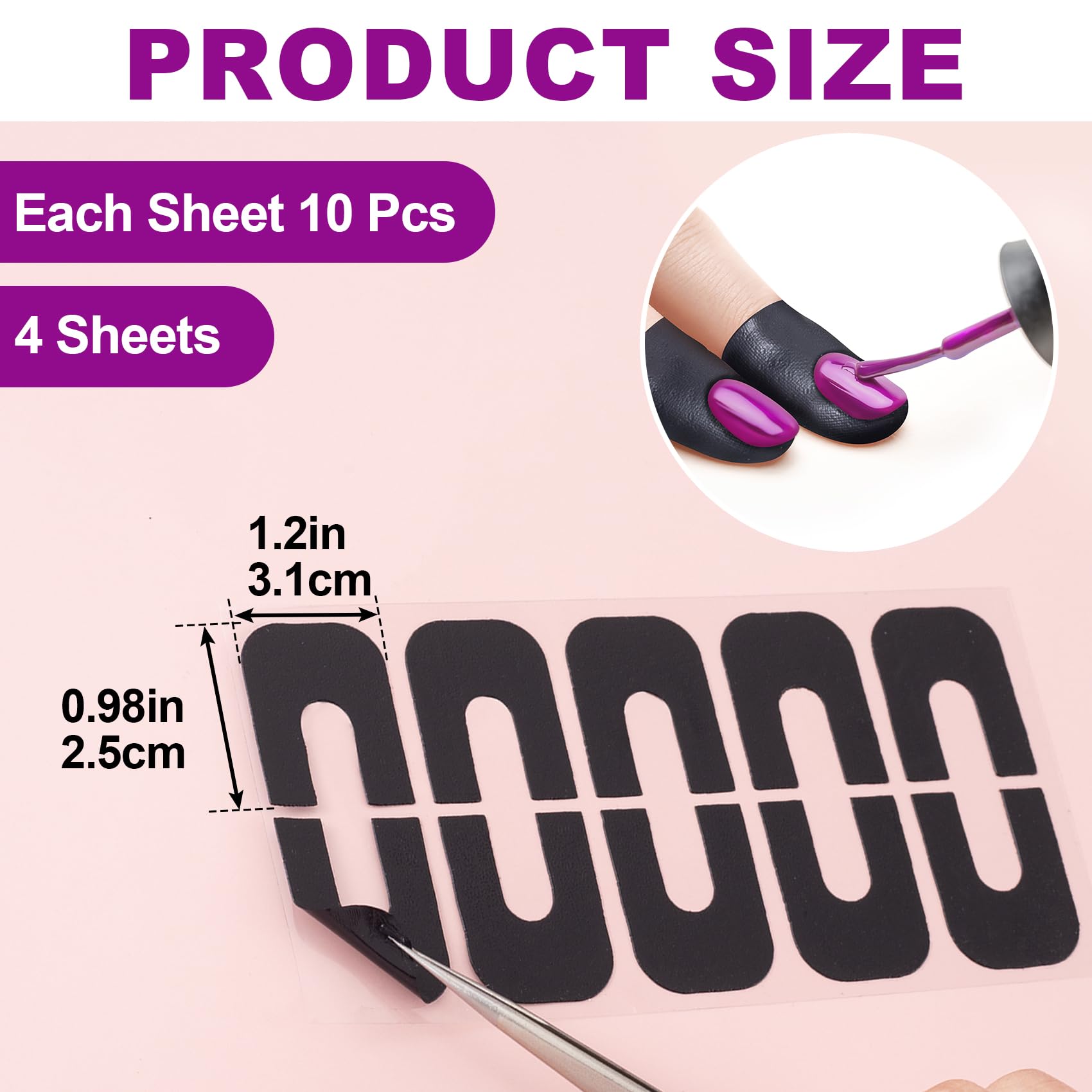 Black U-shaped self-adhesive cuticle protectors applied around the fingernails before painting.