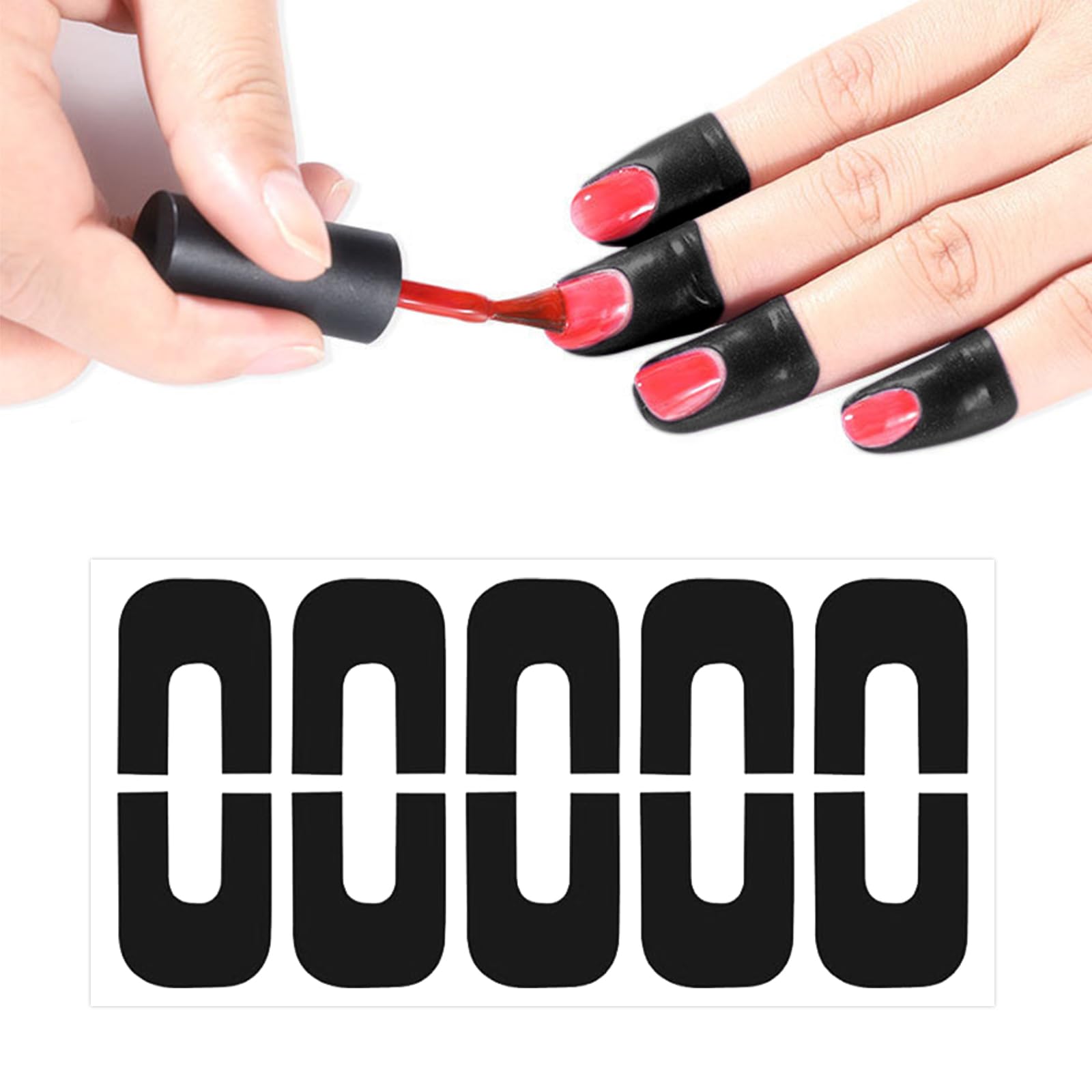 Black U-shaped nail polish skin barrier being applied around the fingernail cuticle for a clean manicure