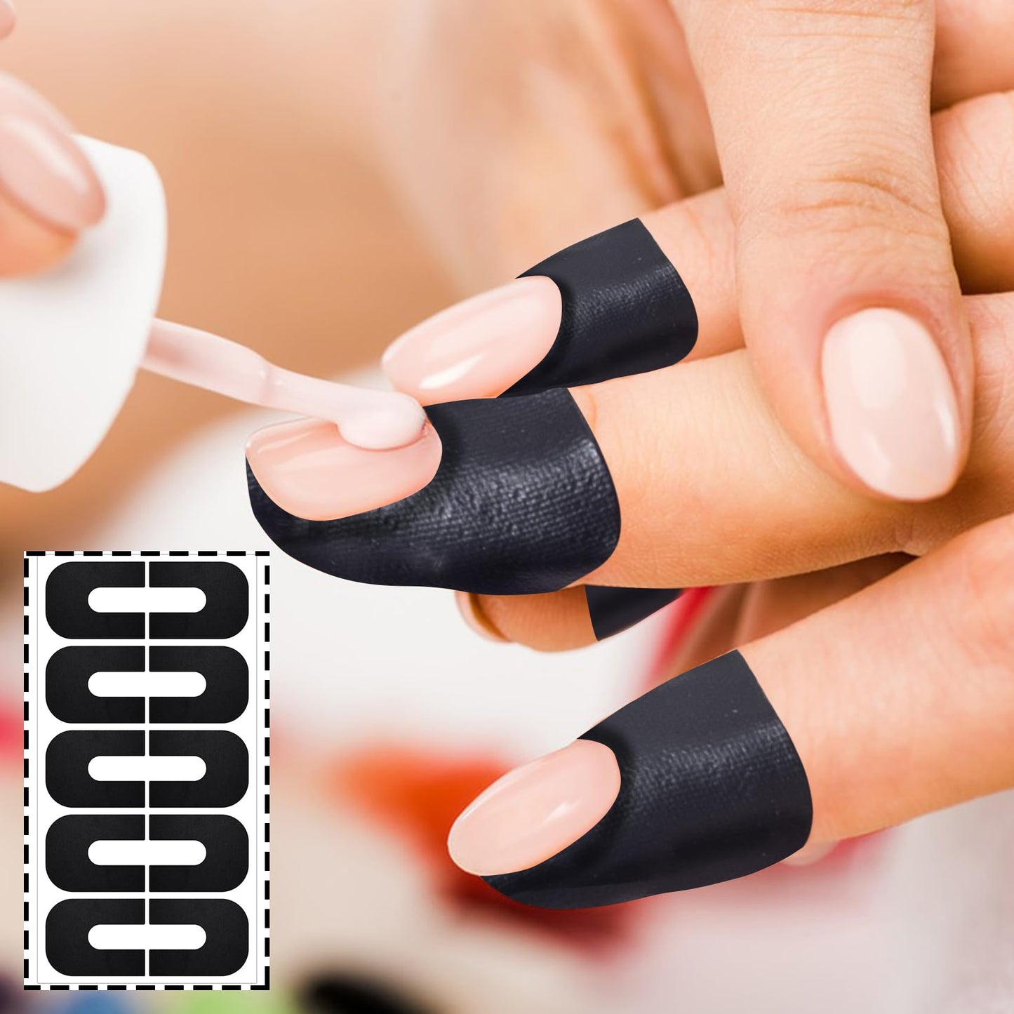 Manicure process demonstrating stamping nail art with black U-shaped spill proof tape protection.