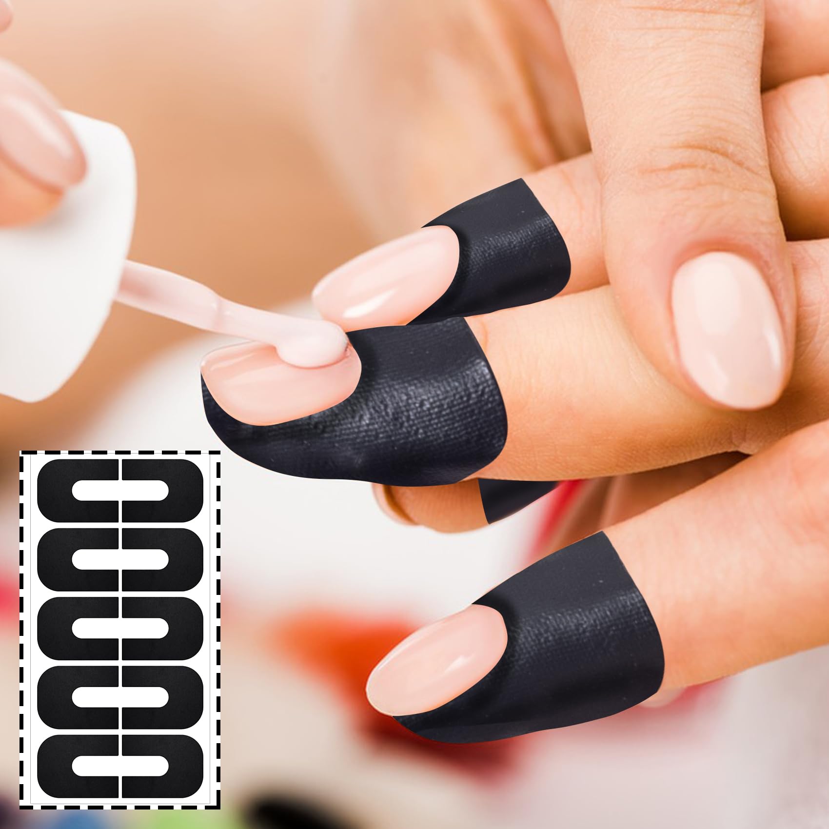 Manicure process demonstrating stamping nail art with black U-shaped spill proof tape protection.
