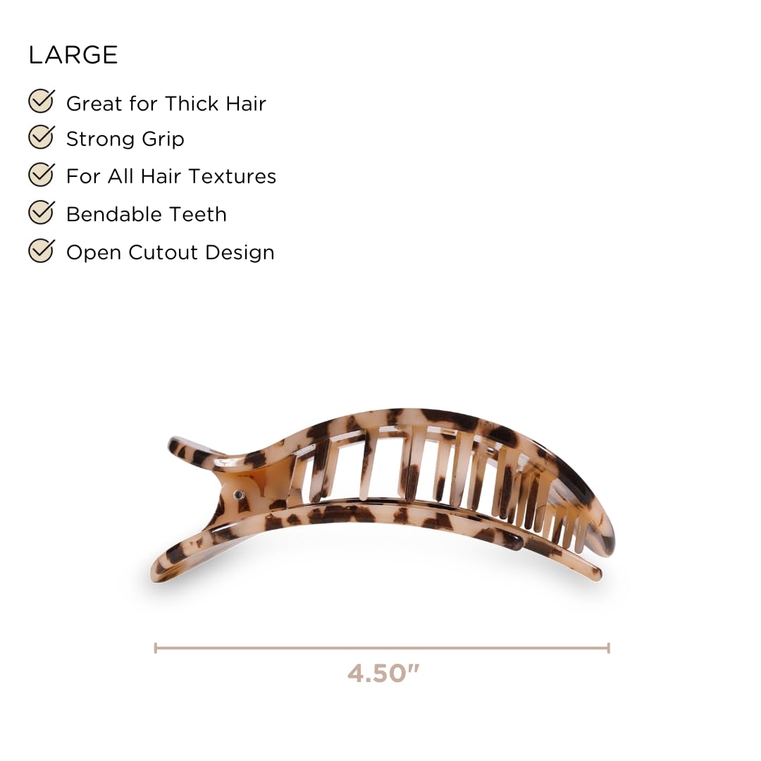 Side view of Teleties flat round claw clip highlighting the unique curved profile for comfortable lying down.