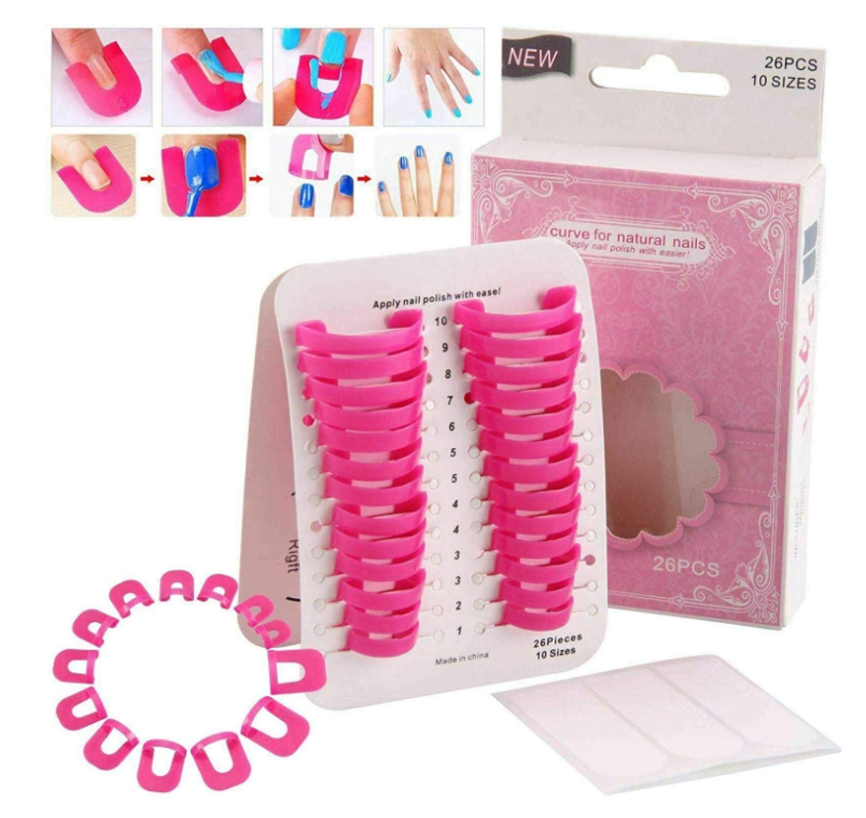 Close up view of pink U shaped finger guards applied to fingertips preventing nail polish smudging on skin.