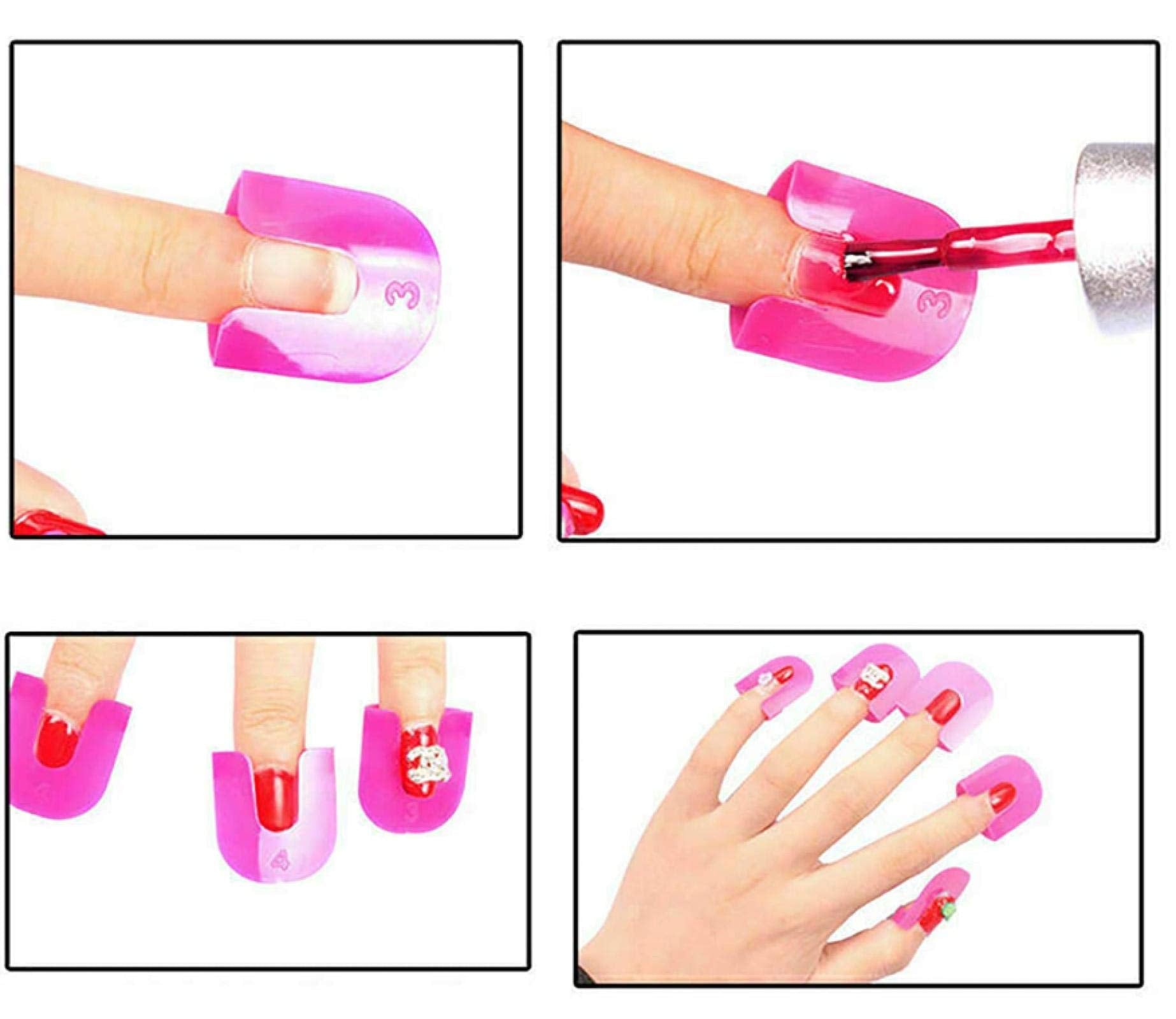 Soft flexible plastic nail lacquer palisade being clipped onto a finger for clean DIY manicure application.
