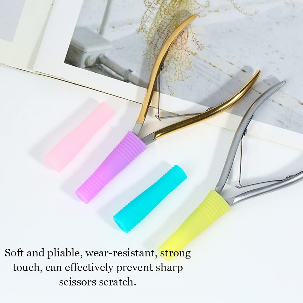 AKOAK scissors edge protector sleeve set scattered on a clean vanity surface.