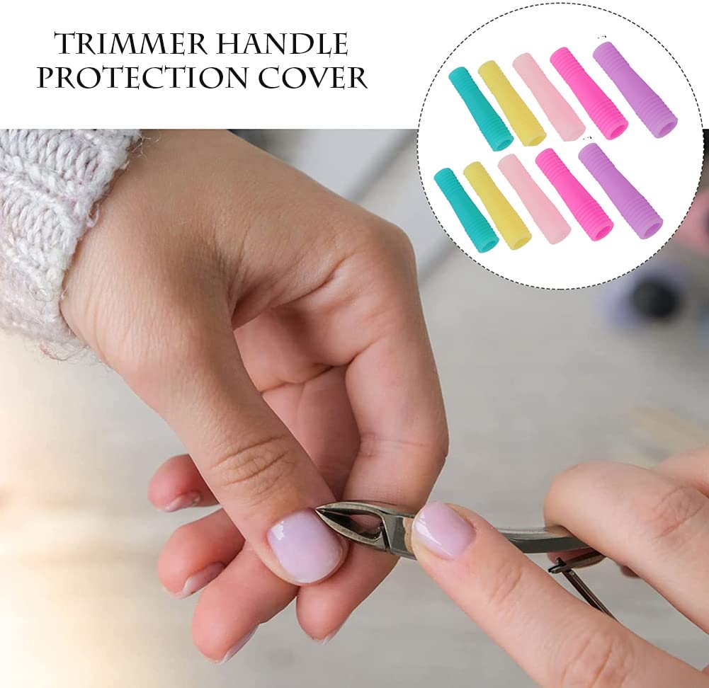 AKOAK non slip cuticle trimmer covers being placed onto cosmetic scissors blades.